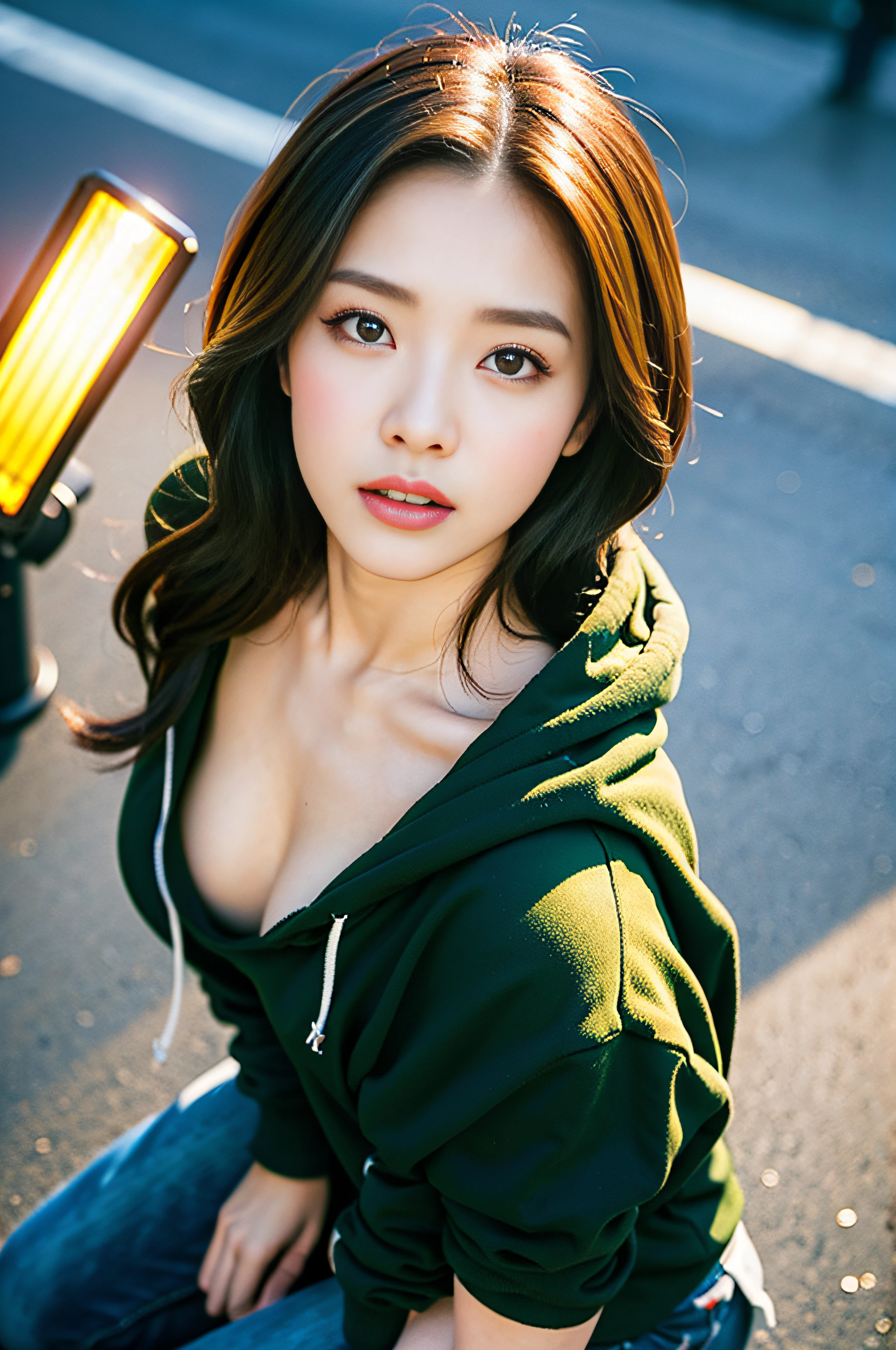 Sad theme、(top-quality、masterpiece:1.2)、(((From directly above)))、Textured skin, Cinematic、dynamic pose、26 year old beautiful woman with brown hair sits、Black hoodie、looking up、(Streetlight background:1.3)、sony a7,3.5mm lens shooting、F 1.8 aperture、No retouching、Realistic raw photos、The skin texture is very detailed、without makeup、Background lighting is yellow、rainy day、The ground is wet from rain、The atmosphere is moody、How to steam