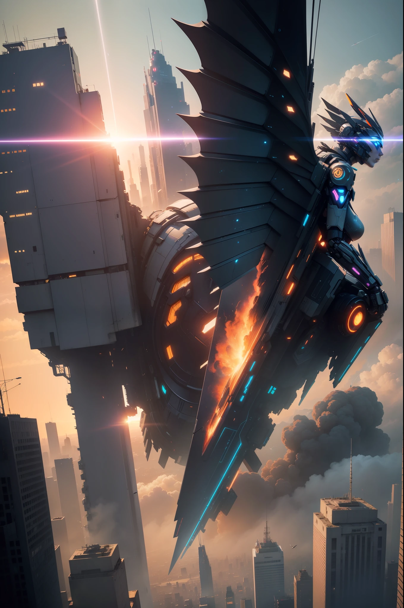 Humanoid mech, sense of science and technology, mirai, Mechanical wings, In flight, Cyberpunk-city, Destroyed city background, Buildings on fire, cinematic lighting, god rays, wide shot, panorama, masterpiece, ccurate, textured skin, super detail, 8k