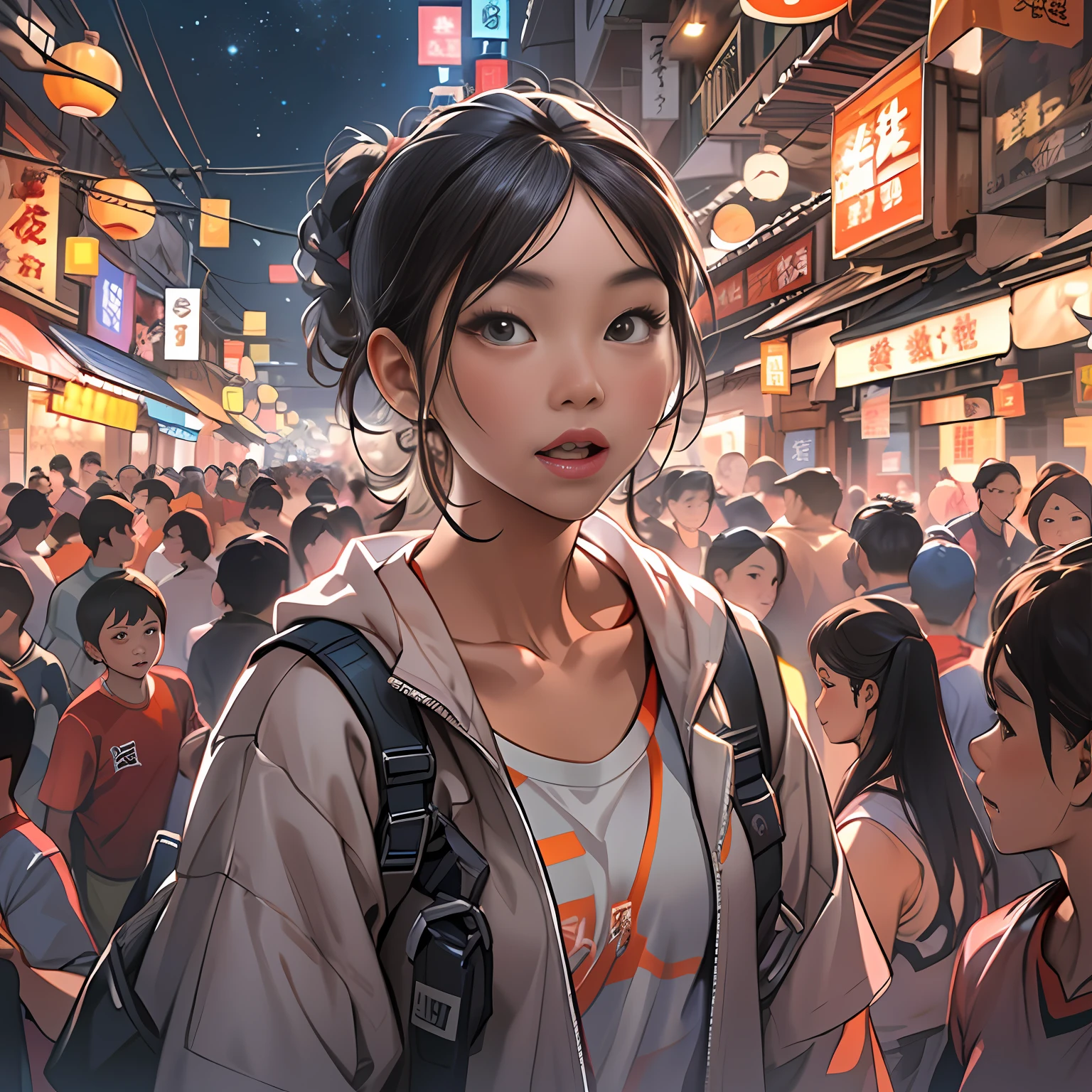 A lively and cute Asian girl，Wear sportswear，Standing in the middle of the crowd at the snack street，Look around for something ,in the style of the stars art group xing xing, 32K, Best quality, Masterpiece, Super detail, High details