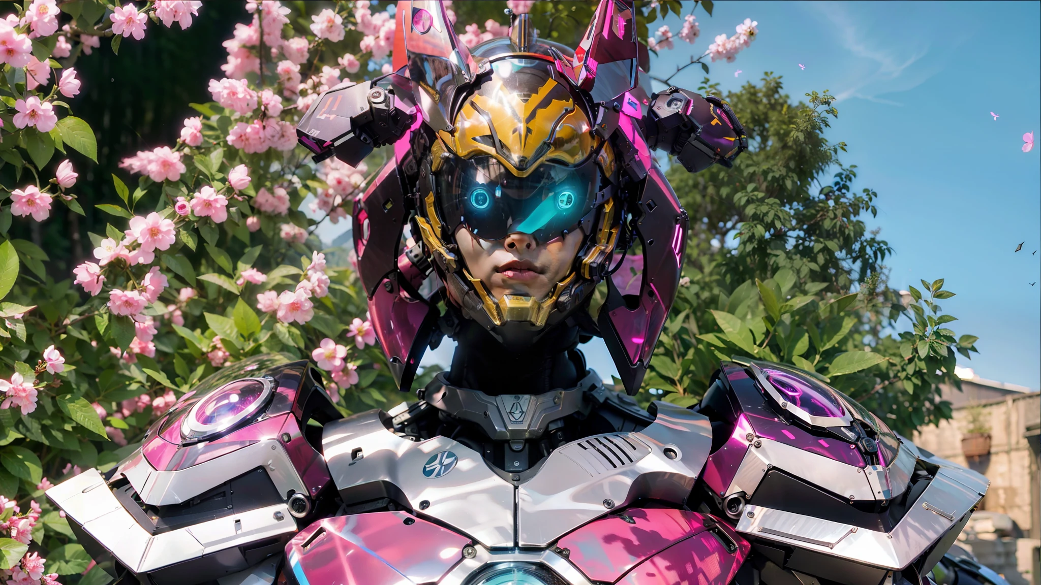 Realiy，photorealestic，Machinary，mechs，Technologie，musculous，glowing light eyes，Burly body，style of photography，Real scenery（Metallic texture 1.8）（Excess detail 2）（High resolution1.6）（4K clarity1.9)（Carbon fiber 1.5）（Metal reflection 1.5），Neon lights，obi strip（1:1），The lower half of a woman's face