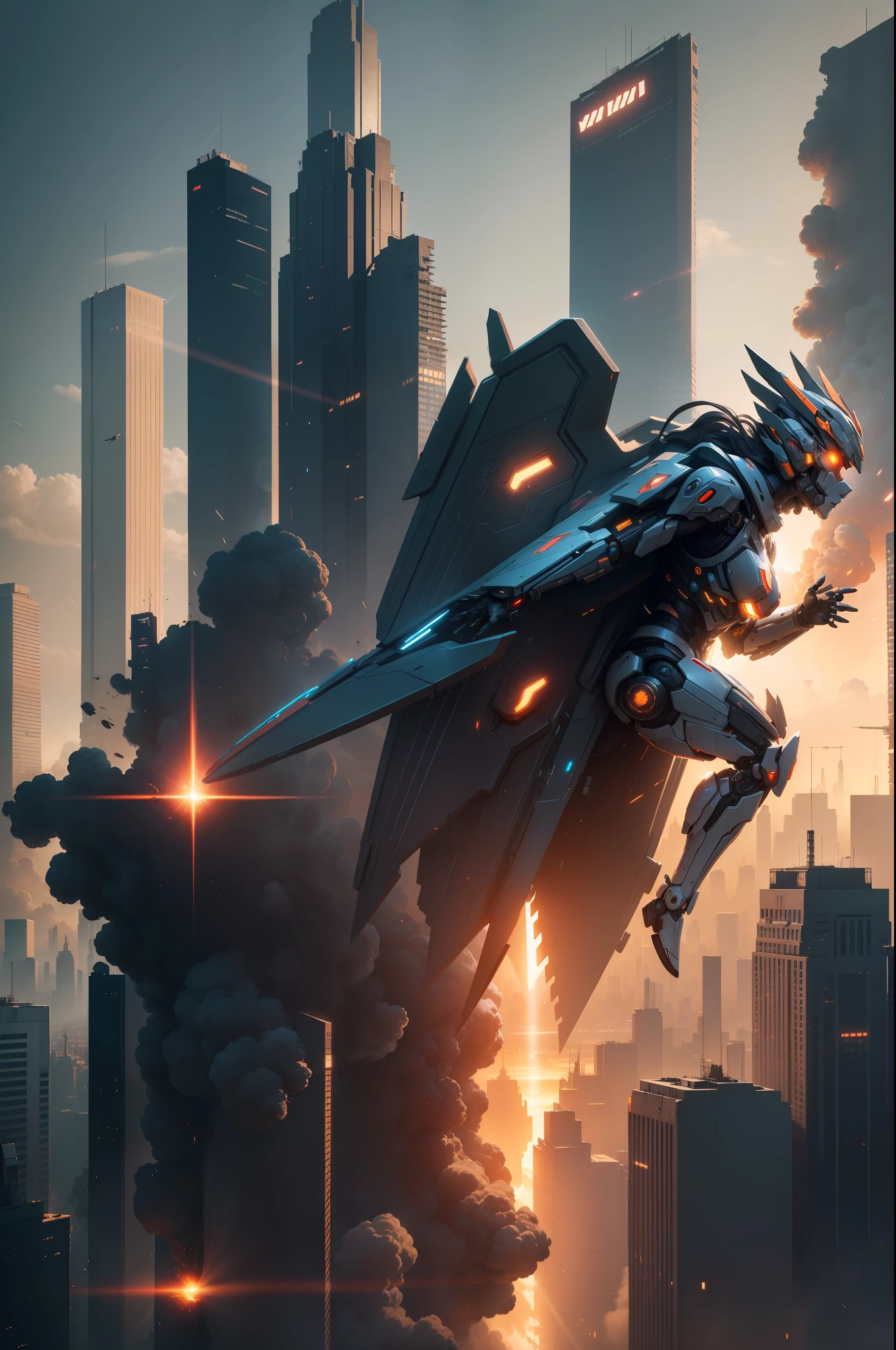 Humanoid mech, sense of science and technology, mirai, Mechanical wings, In flight, Cyberpunk-city, Destroyed city background, Buildings on fire, cinematic lighting, god rays, wide shot, panorama, masterpiece, ccurate, textured skin, super detail, 8k