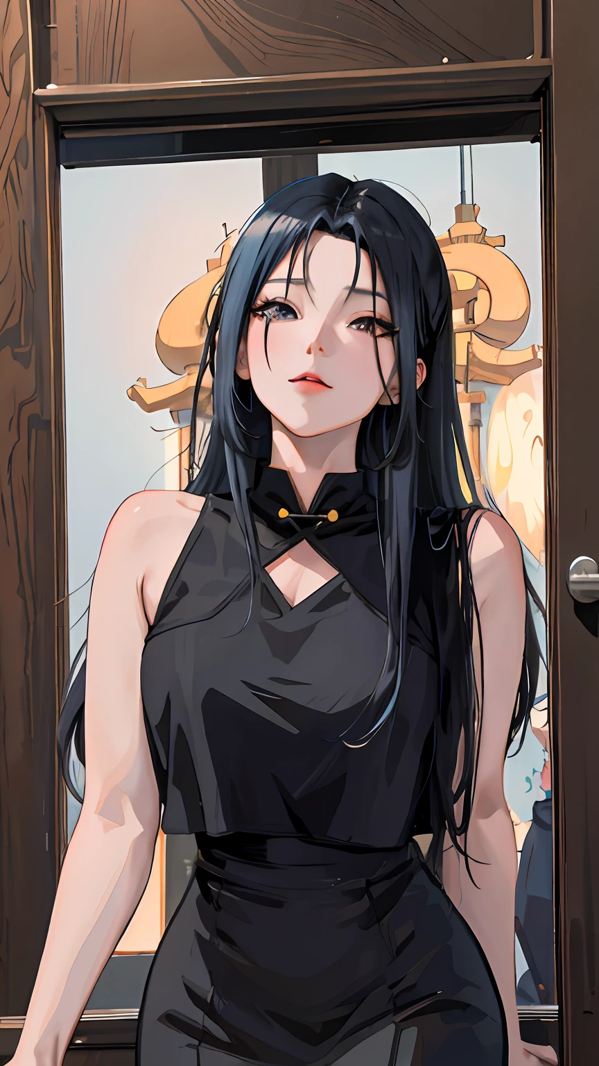Anime girl with black hair and black cheongsam standing in front of the door, Guviz-style artwork, Digital anime illustration, attractive anime girls, seductive anime girls, realistic anime artstyle, Digital anime art, Anime girl wearing black dress, Anime style. 8K, portrait anime girl, Beautiful anime girl, style of anime4 K, a beautiful anime portrait，Realistic anime 3 D style, Anime style. 8K, anime realism style, realistic anime artstyle, Photorealistic anime,style of anime4 K, Guviz-style artwork, Casual pose，（（tmasterpiece，best qualtiy）），illustratio，Ultra-detailed 8K，Photorealsitic，Clear focus，A highly detailed，Professional lighting，Colorful detailed，Rainbow color BREAK factory super long shot，with light glowing，Complicated details，Shitu-mecha，1girl stands in front of the audience，Bigchest。
