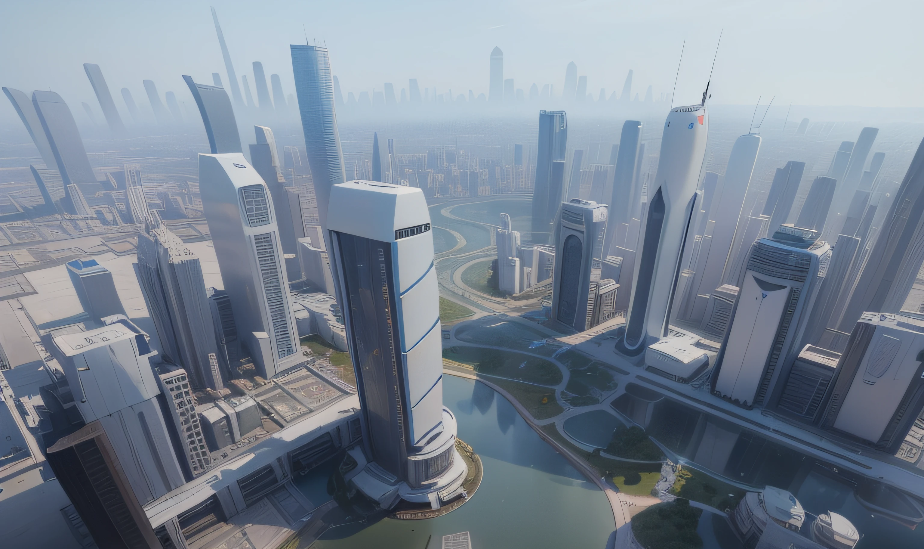 There is a picture of the city，There is a fountain in the middle, sao paulo in the year 2 0 7 0, vista of futuristic city, landscape of a future city, rendered in nvidia's omniverse, hyper-futuristic city, aerial view of a cyberpunk city, Futuristic city landscape, Futuristic city, futuristic dystopian city, Futuristic city landscape, A sci-fi city，Close to waterways，There are sci-fi ships in the air，The cut of the main building is in a hard-surface sci-fi style，The main building needs one more detail