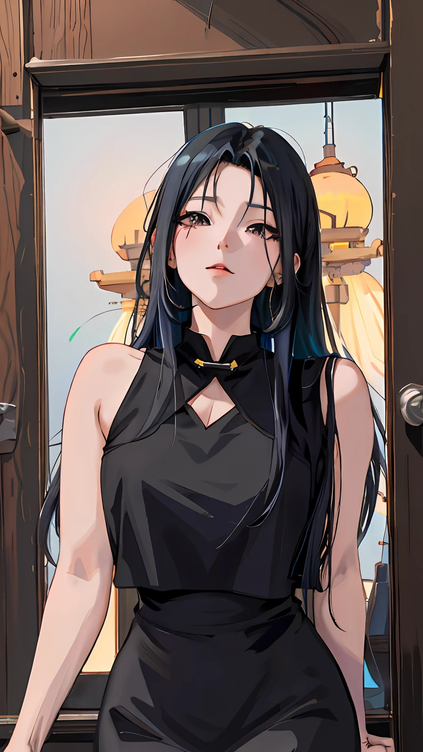 Anime girl with black hair and black cheongsam standing in front of the door, Guviz-style artwork, Digital anime illustration, attractive anime girls, seductive anime girls, realistic anime artstyle, Digital anime art, Anime girl wearing black dress, Anime style. 8K, portrait anime girl, Beautiful anime girl, style of anime4 K, a beautiful anime portrait,Realistic anime 3 D style, Anime style. 8K, anime realism style, realistic anime artstyle, Photorealistic anime,style of anime4 K, Guviz-style artwork, Casual pose,((tmasterpiece,best qualtiy)),illustratio,Ultra-detailed 8K,Photorealsitic,Clear focus,A highly detailed,Professional lighting,Colorful detailed,Rainbow color BREAK factory super long shot,with light glowing,Complicated details,Shitu-mecha,1girl stands in front of the audience,Bigchest。