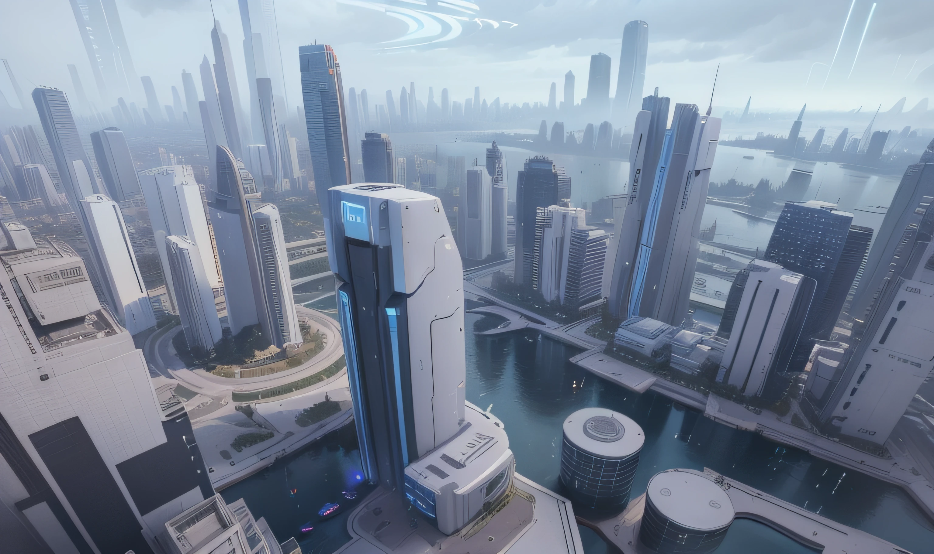 There is a picture of a futuristic city，A river runs through it, mass effect concept art, futuristic dystopian city, futuristic utopian metropolis, otherwordly futuristic city, ancient sci - fi city, hyper-futuristic city, in fantasy sci - fi city, sci fi city, stunning sci-fi concept art, sci fi city, futuristic utopian city，NASA style，Mecha white，HALO 5 game city style，Cidade futuristica，Skyscrapers and green rooftops in a foggy sky,There are also quite a few buildings with green roofs， futuristic dystopian city, aerial view of a cyberpunk city, in fantasy sci - fi city, hyper-futuristic city, sci fi city, vista of futuristic city, sci fi city, otherwordly futuristic city, 4 K resolution concept art, ancient sci - fi city, 4K concept art，massive city，Dense complex of buildings，The building color is mainly white，The building has more white area，The architectural shape is HALO 5 style，The shape of the building is concise and summarized，There are also many tall and simple buildings in the middle part of the picture，The scene is daytime，The building has no lights