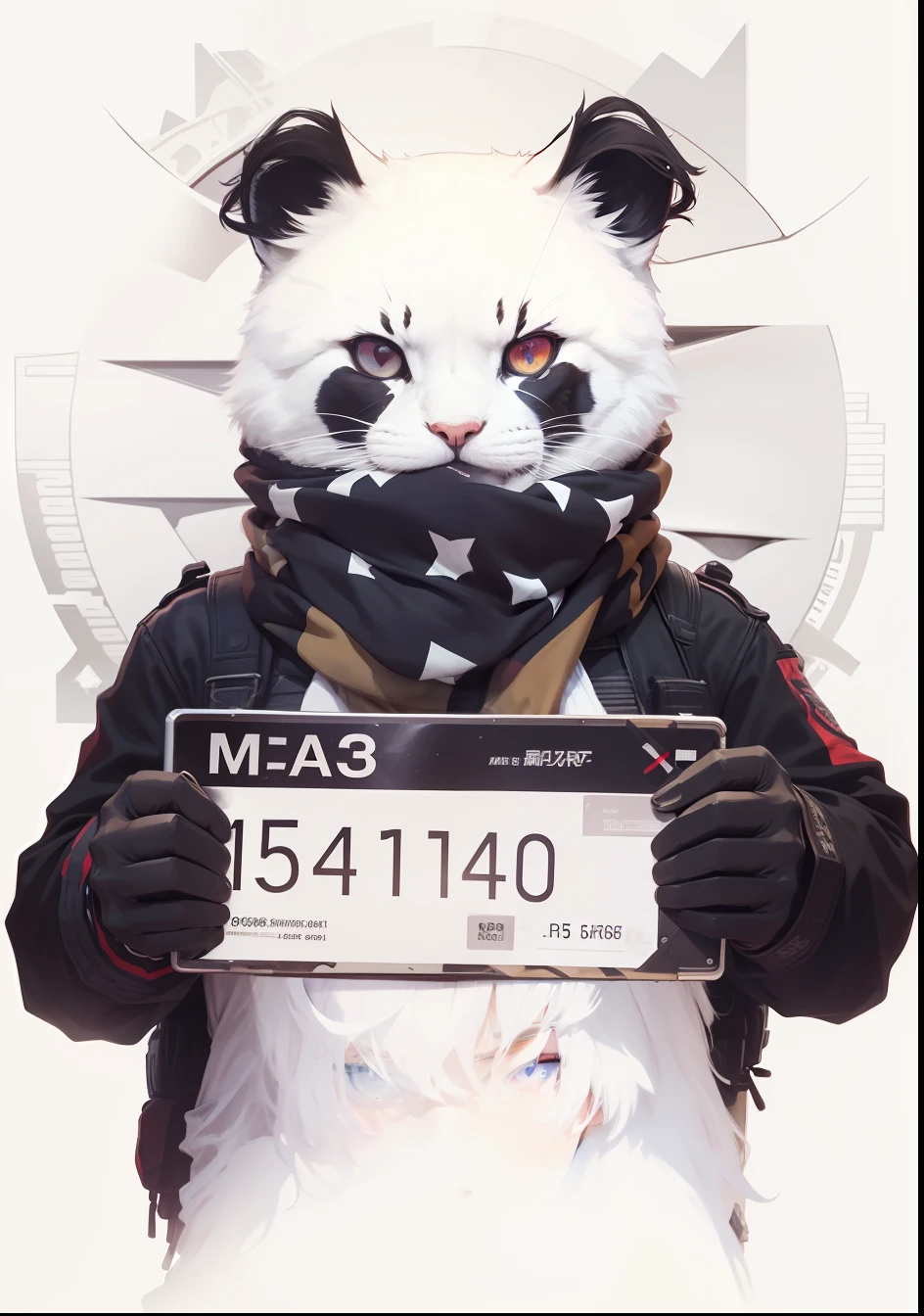 The eyes are fierce,The scarf covers the mouth,The number on the plate is M5A1156,HT:3' WT:220