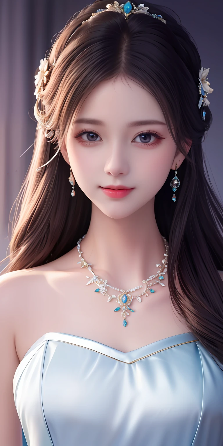 Best Quality, Masterpiece, High Resolution, 1girl, Clear Silk Porcelain Dress, Pretty Face, Hair Accessories, Look at the Audience, Smile, Close Mouth, Lips, Dress, Hair Accessories, Necklaces, Jewelry, Long Hair, Earrings, Beautiful Face, Body, Tindal Effect, Realism, Shadow Studio, Edge Lighting, Two-Color Lighting, (High Detail Skin: 1.2), 8k UHD, DSLR, Soft Light, High Quality, Volume Lighting, Photo, High Resolution 4K, 8k, Blurred Background