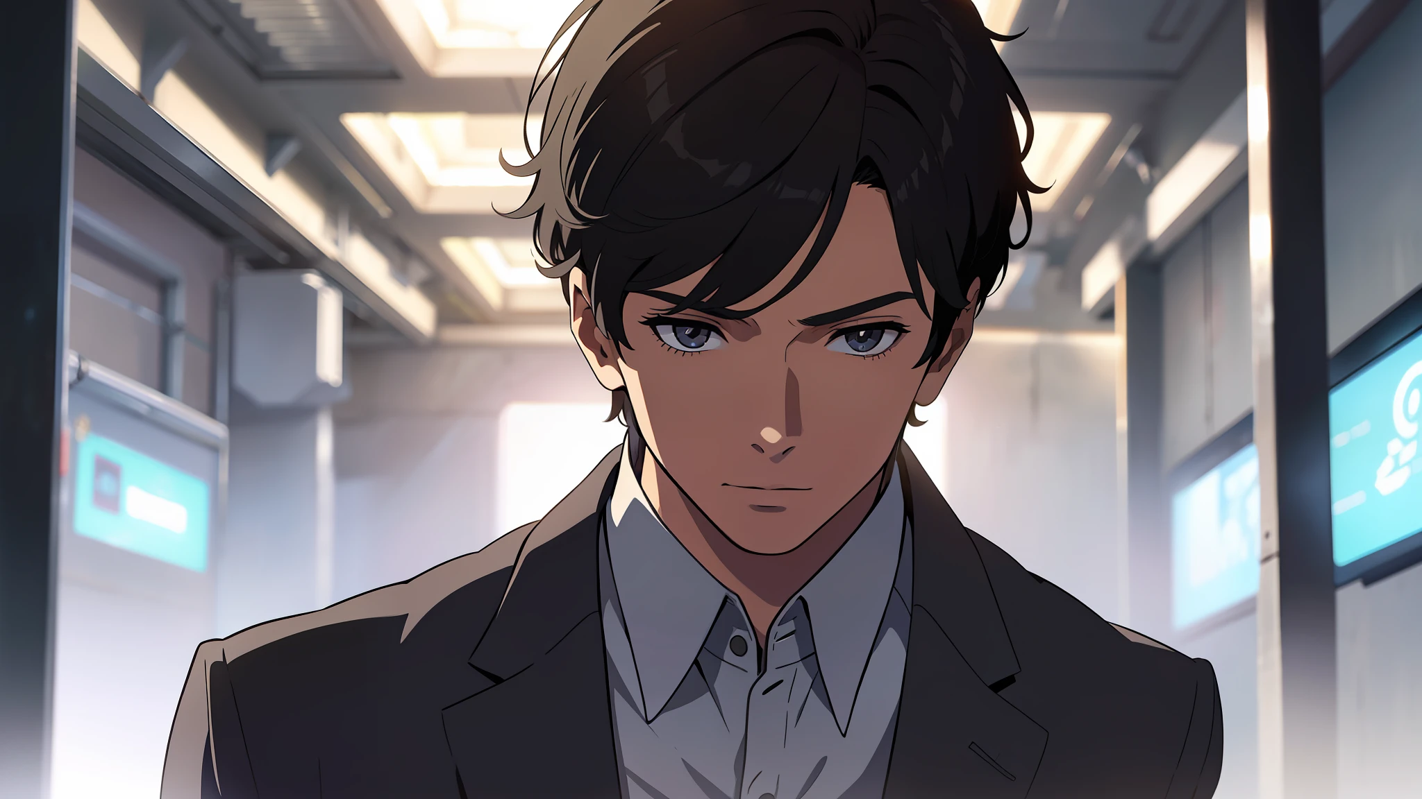 A boy in a gray suit，The boy's facial features are delicate，The suit is delicately portrayed
