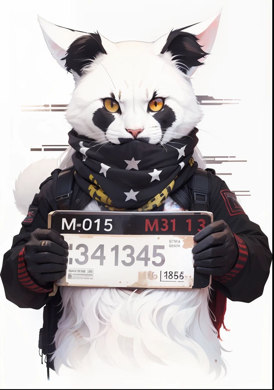 The eyes are fierce,The scarf covers the mouth,The number on the plate is M5A1156,HT:3' WT:220
