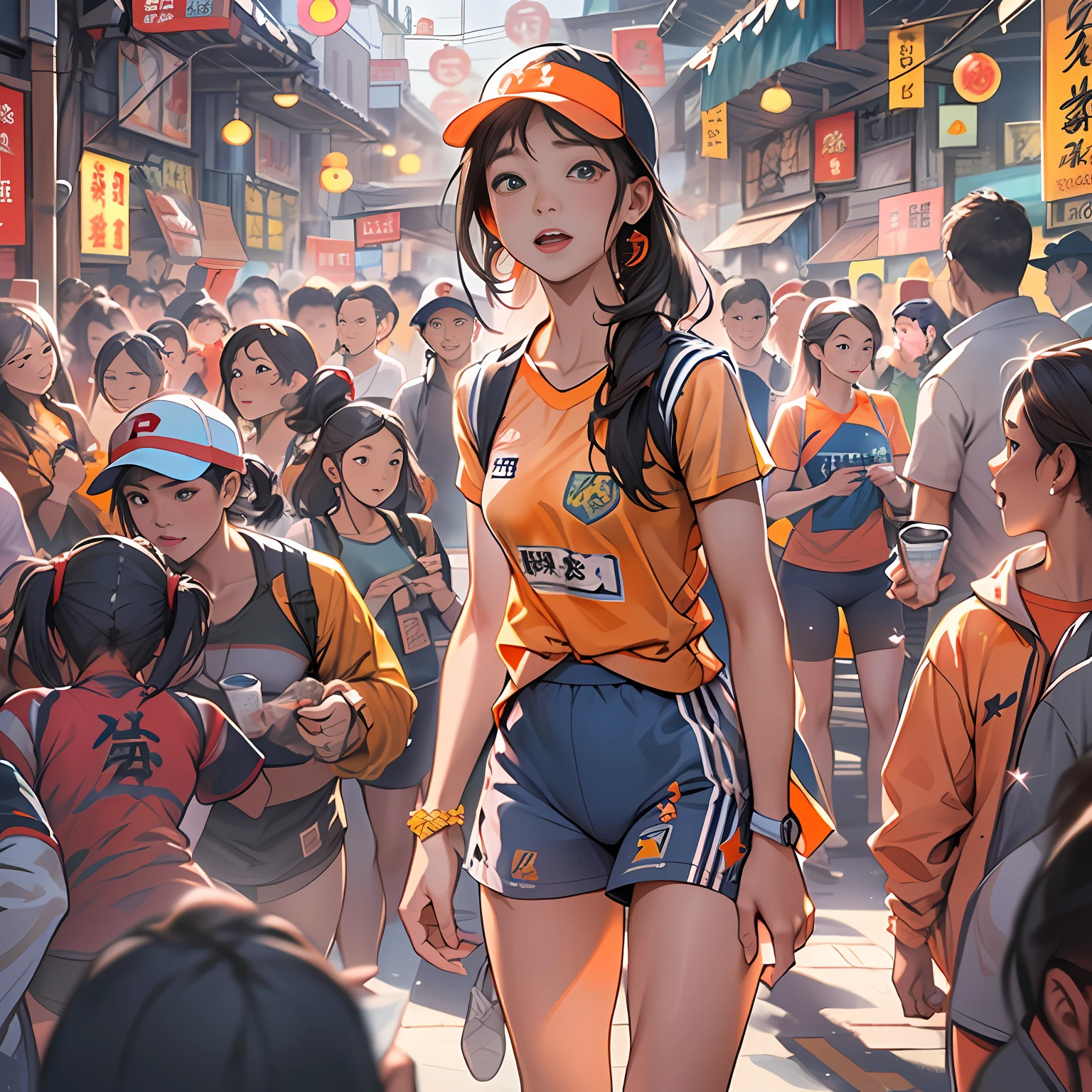 A lively and cute Asian girl，Wear sportswear，Standing in the middle of the crowd at the snack street，Look around for something ,in the style of the stars art group xing xing, 32K, Best quality, Masterpiece, Super detail, High details