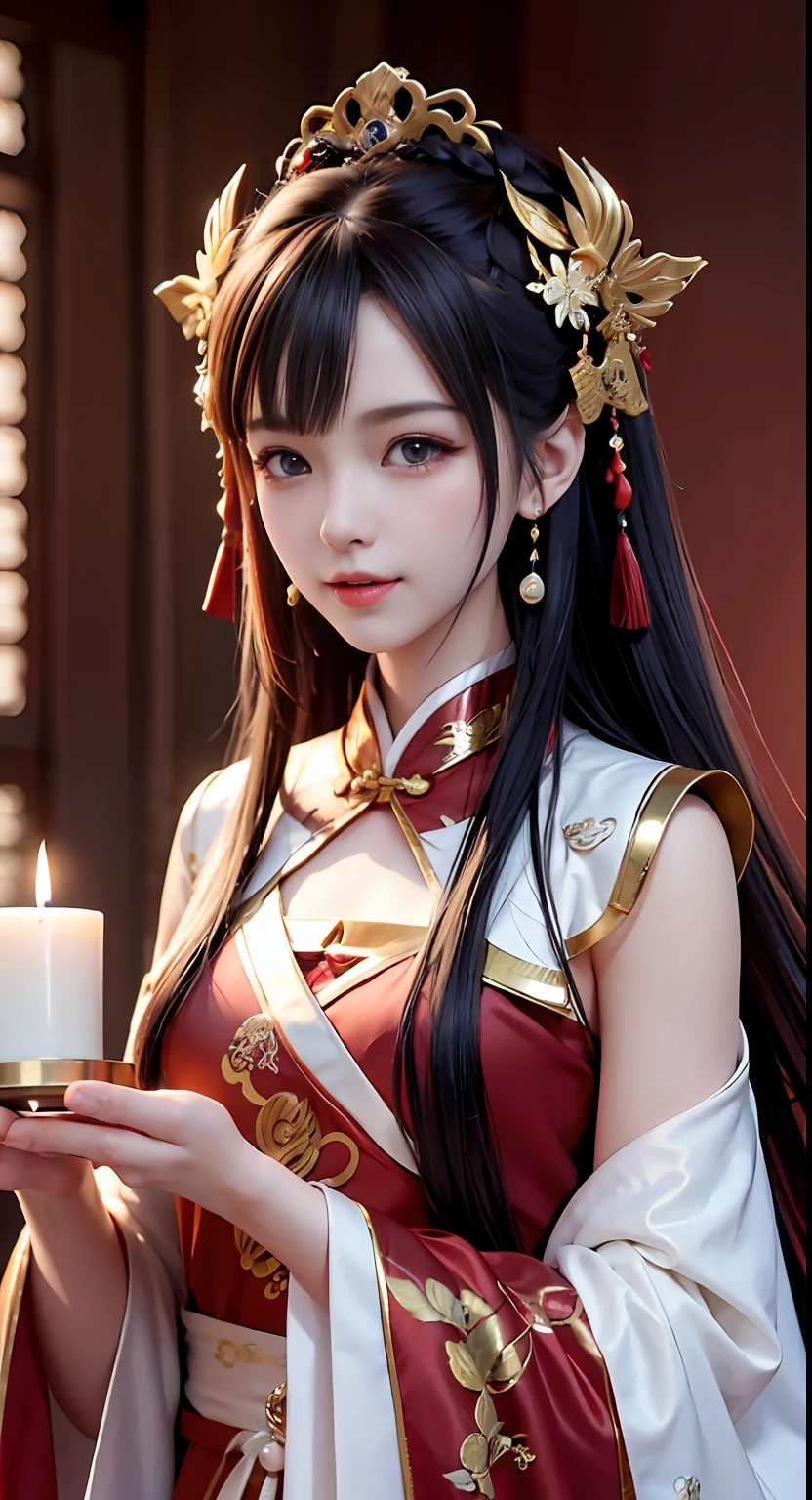 Portrait of Figures, Ancient China, Oriental Women, Tang Style, Double Happiness Background, Wedding Room, Cave Room, Costume Bride, Red Wedding Dress, Red Han Dress, Phoenix Crown Xia Curtain, Hair Coiled, Full of Pearls, Flower Dan Between Eyebrows, Red Candle, Candlelight Illuminates the Room, Best Quality, Original, Very Detailed Masterpiece, Very Detailed CG, Delicate Face, Divinity, Masterpiece, Delicate Face, Smile, 4K Picture Quality, Girl, Hanfu, Black Hair, Bun, Hair Ornament, Jewelry, Exquisite Face, Red clothes, golden patterns, phoenix crown veils, red wedding dresses, newlyweds, festive, delicate skin, soft light effects, delicate and smooth hair, exquisite details, eye highlights, fair skin, fine portrayal, extreme details, cinematic quality, charming, thin, cute, slender, well-behaved, shy, black eyes, interior, candlelight, romantic, warm, smile, tsurime, makeup, sad, depressed, sulking, sobbing, lonely, disappointed, crying, tearing up, tears, Surrealism, ray tracing, UHD, high details, super detail, highres, 8k, high quality, high details, textured skin, ccurate, anatomically correct, best quality, highres, high quality, textured skin, high details, anatomically correct, super detail, anatomically correct, anatomically correct