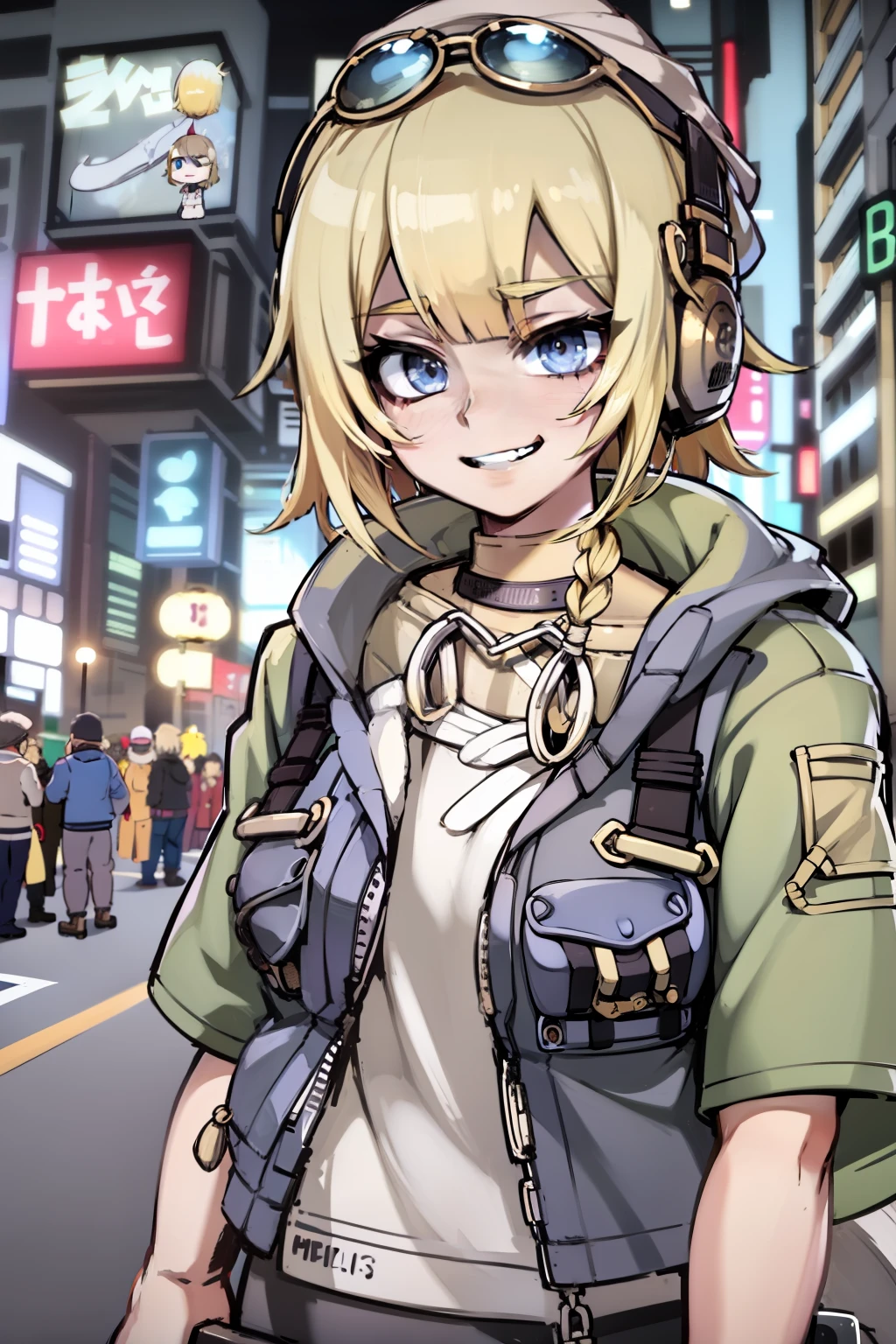 Beautiful woman medium hair、hated、cyberpunked、a short bob、a blond、White Summer Knitted Cap、 odd eye、blue  right eye、Green left eye、Blue Leather Vest、Long white T-shirt、White Cargo Pants、Black Engineer Boots、head phone、Holding a pistol in his right hand、Sprint、In front of Shibuya Station、natta、Well-formed fingertips of both hands、Full body like、Colossal tits、A smile、Extend your left hand to us