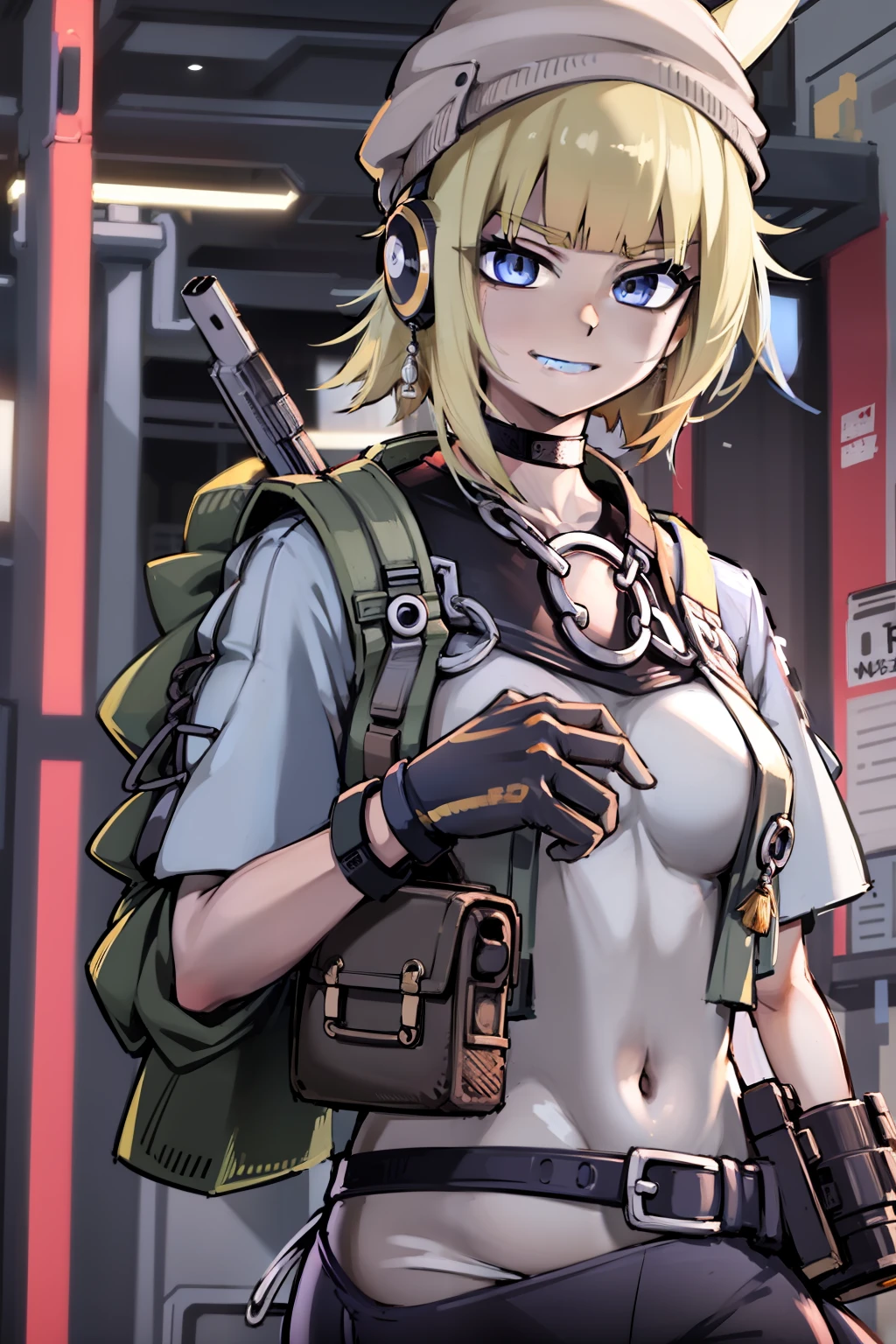 Beautiful woman medium hair、hated、cyberpunked、a short bob、a blond、White Summer Knitted Cap、 odd eye、blue  right eye、Green left eye、Blue Leather Vest、Long white T-shirt、White Cargo Pants、Black Engineer Boots、head phone、Holding a pistol in his right hand、Sprint、In front of Shibuya Station、natta、Well-formed fingertips of both hands、Full body like、Colossal tits、A smile、Extend your left hand to us