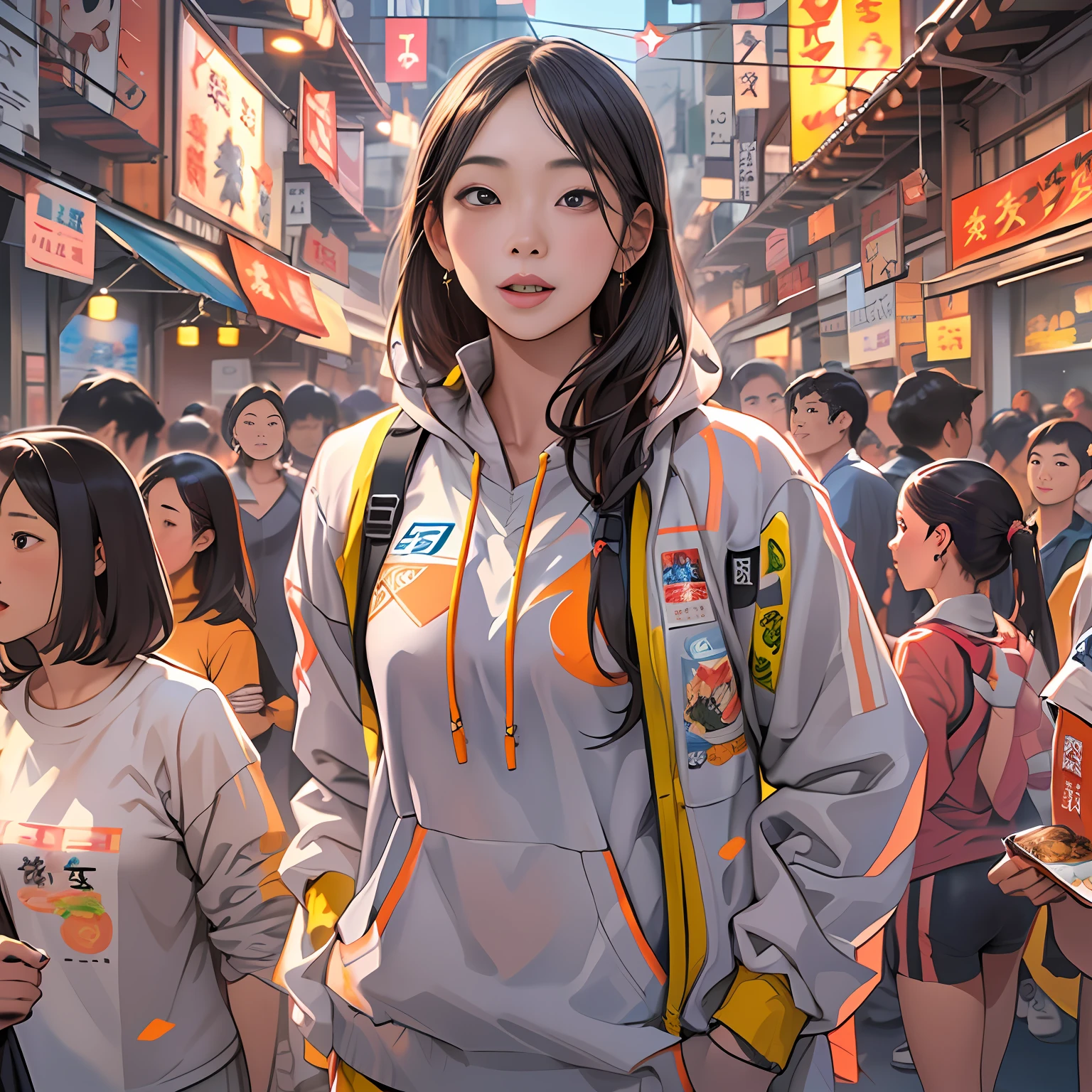 A lively and cute Asian girl,Wear sportswear,Standing in the middle of the crowd at the snack street,Look around for something ,in the style of the stars art group xing xing, 32K, Best quality, Masterpiece, Super detail, High details