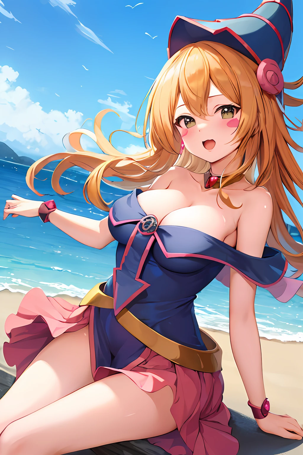 masutepiece, Best Quality, hight resolution, HMDMG1, Wizard Hat, blush, blush stickers, cleavage, Bare shoulders, Dress, off shoulders, :3, Open mouth, arms behind back, Outdoors