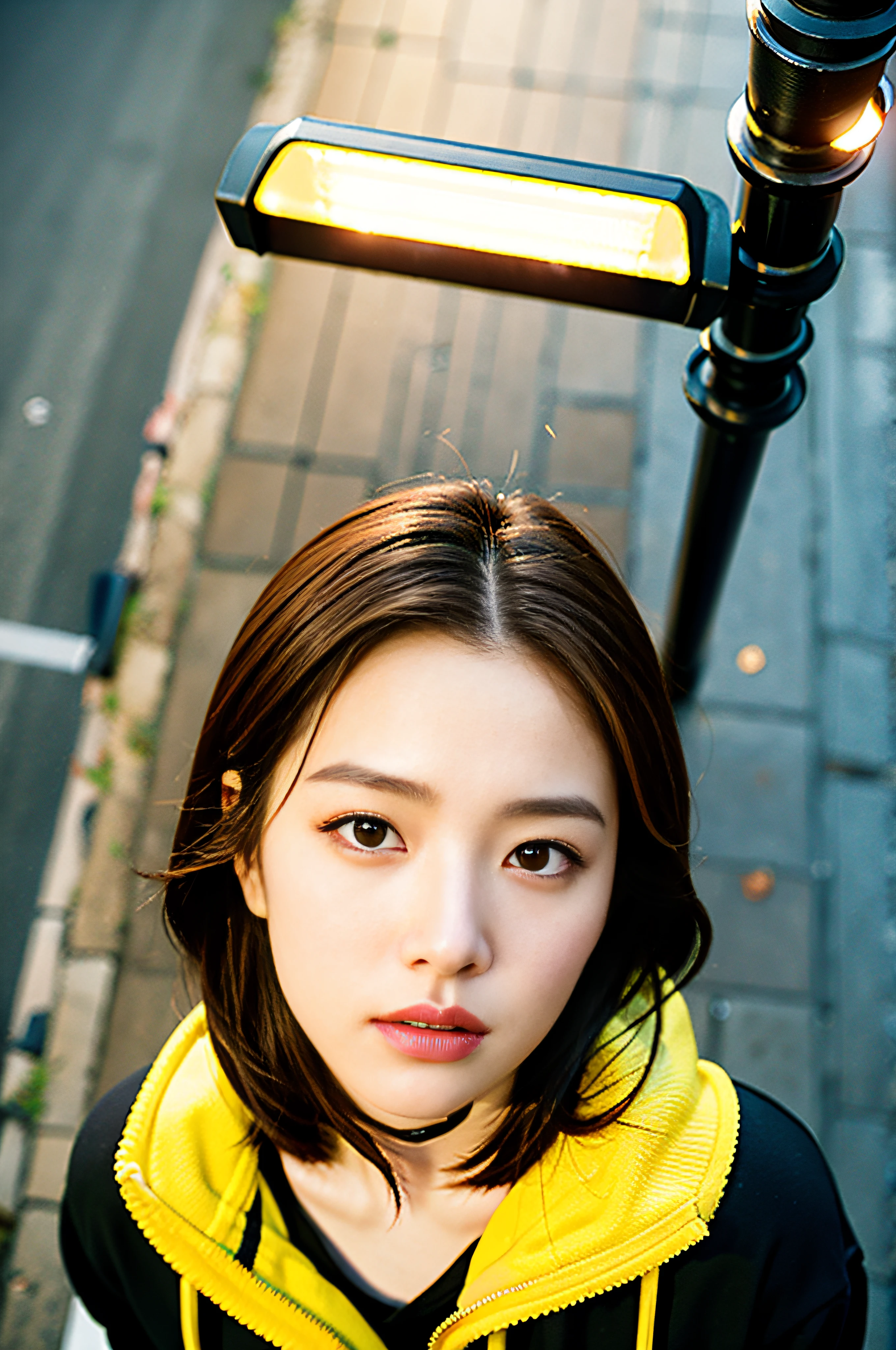 Sad theme、(top-quality、masterpiece:1.2)、(((From directly above)))、Textured skin, Cinematic、Dynamic Pose、26 year old beautiful woman with brown hair sits、Black hoodie、Looking Up、(Streetlight background:1.3)、sony a7,3.5mm lens shooting、F 1.8 Aperture、No retouching、Realistic raw photos、The skin texture is very detailed、without makeup、Background lighting is yellow、rainy day、The ground is wet from rain、The atmosphere is moody、How to steam