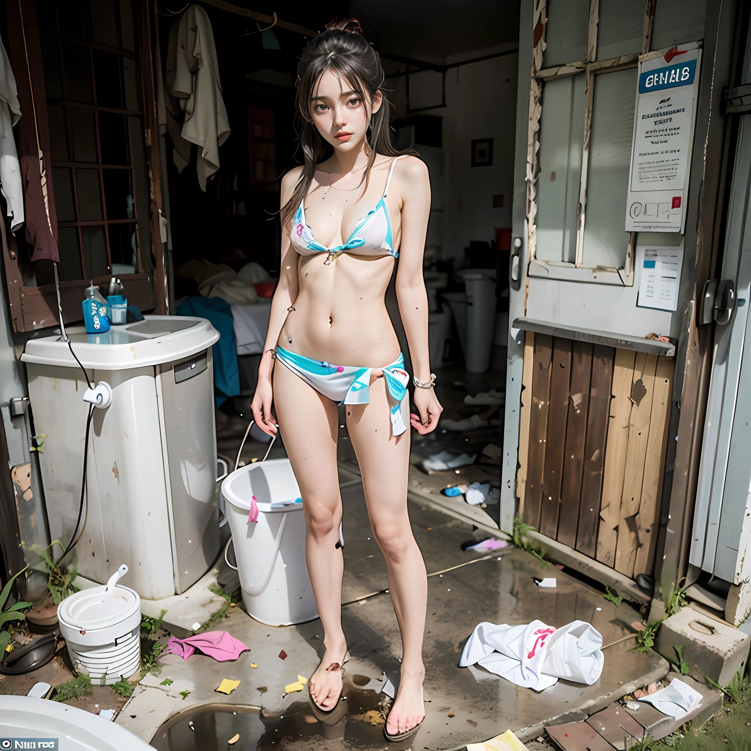 abandoned toilet，Sexy standing pose，Garbage all over the ground，grimy，Dilapidated，Devastated，best qualtiy，full-body portraits（1：1），18 years old girls，lean and slender body，Skinny，Smaller bust，The barefoot，exhibitionism，exhibitionists，no clothes are worn，don't have clothes