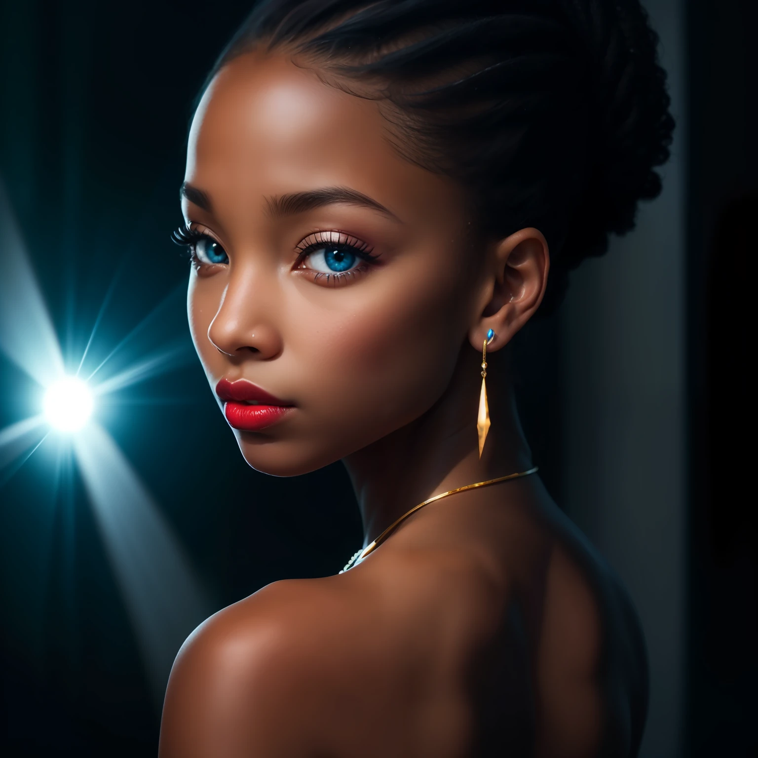 Perfect black skin girl, Age(26 years), skin shining,Let light blue beam reflect on her face((from her back)) , lipstick more colorful, detailed shadows, indoor hasselblad X2D 100c, hasselblad XCD 90mm f/1.9 lens depth of field, bokeh,film grain, sharp focus, 8k, UHD, HDR, high-res, absurdres, Award winning photography, best composition, perfect eyes, perfect face features, well detailed.