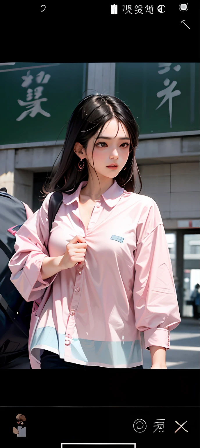 Aalfid image of a woman carrying a backpack and a backpack, Pink shirt, shaxi, tiedshirt, gongbi, xintong chen, wearing  shirt, shirt, A young Asian woman, style kim jung gi, korean women's fashion model, with acient chinese clothes, Shin Jinying, Pink clothes, Korean girl, button - up shirt