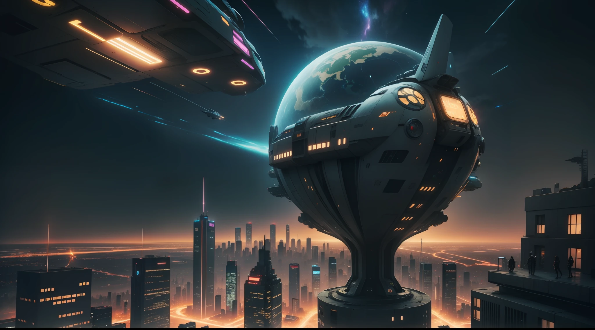 Flying cars overlooking the city sky, galaxy, movie scenes, decaying city night scenes, surrealism, metaverse futuristic technology, cyberpunk, bitcoin logo all over building
