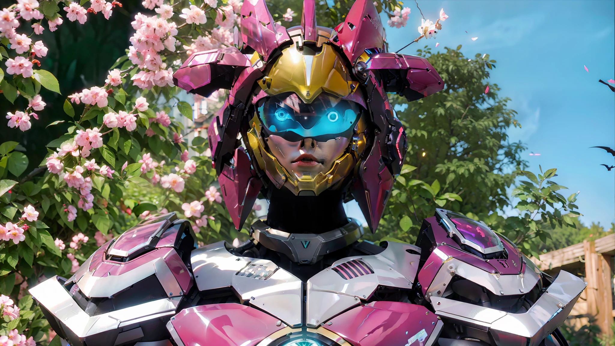 Realiy，photorealestic，Machinary，mechs，Technologie，musculous，glowing light eyes，Burly body，style of photography，Real scenery（Metallic texture 1.8）（Excess detail 2）（High resolution1.6）（4K clarity1.9)（Carbon fiber 1.5）（Metal reflection 1.5），Neon lights，obi strip（1:1），The lower half of a woman's face