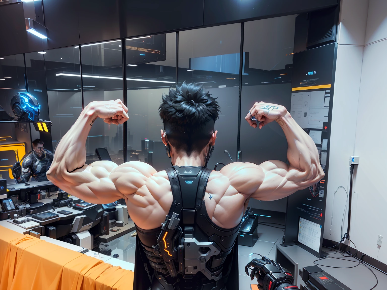 Strong male cyberpunk warrior， Biomechanicals， MSHN Robot Man，High-tech helmet，hyper realisitc， Steel， Complex design， insanely details， finely detailled， Extremely clear lines， cinmatic lighting， photograph realistic， A detailed masterpiece