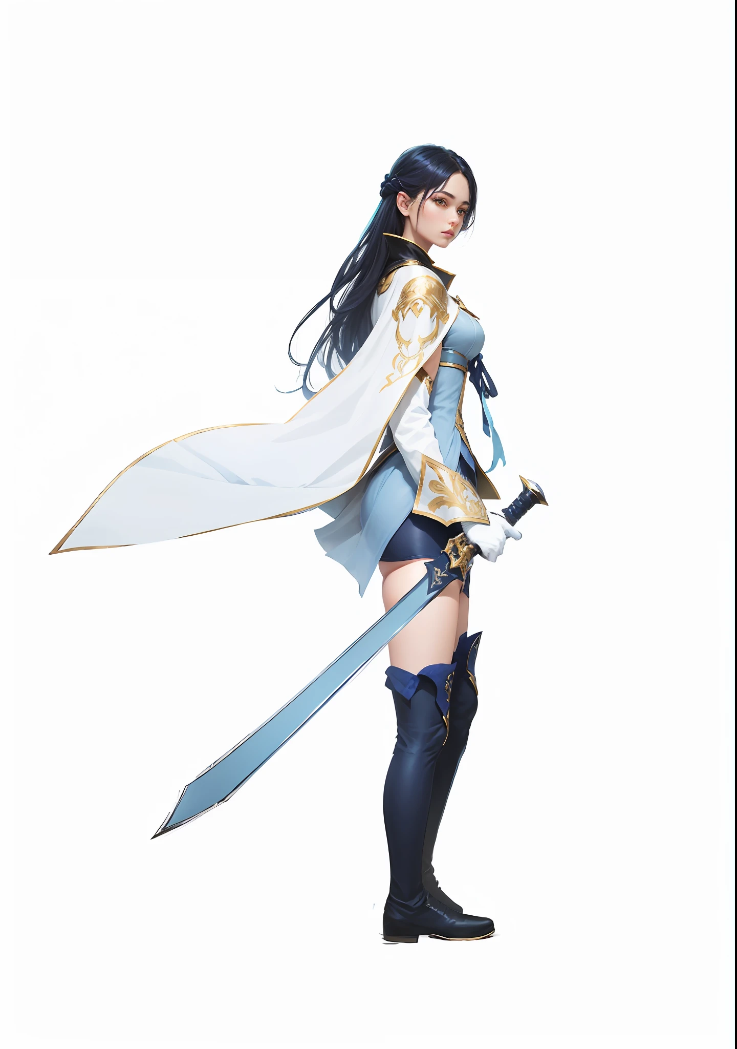 Original Drawing,Photo of a woman with a sword and a cloak, Blue streamer trim at chest,she is holding a sword, The long sword in her hand,Black color hair,White gloves,The gloves have gold decorations in the shape of arrows,Dark blue boots,White cape,The shoulders are trimmed with gold metal stripes,Blue streamer trim at chest,Clothes light blue gradient,Dark blue leggings,Xianxia,ccurate,lightand shade contrast