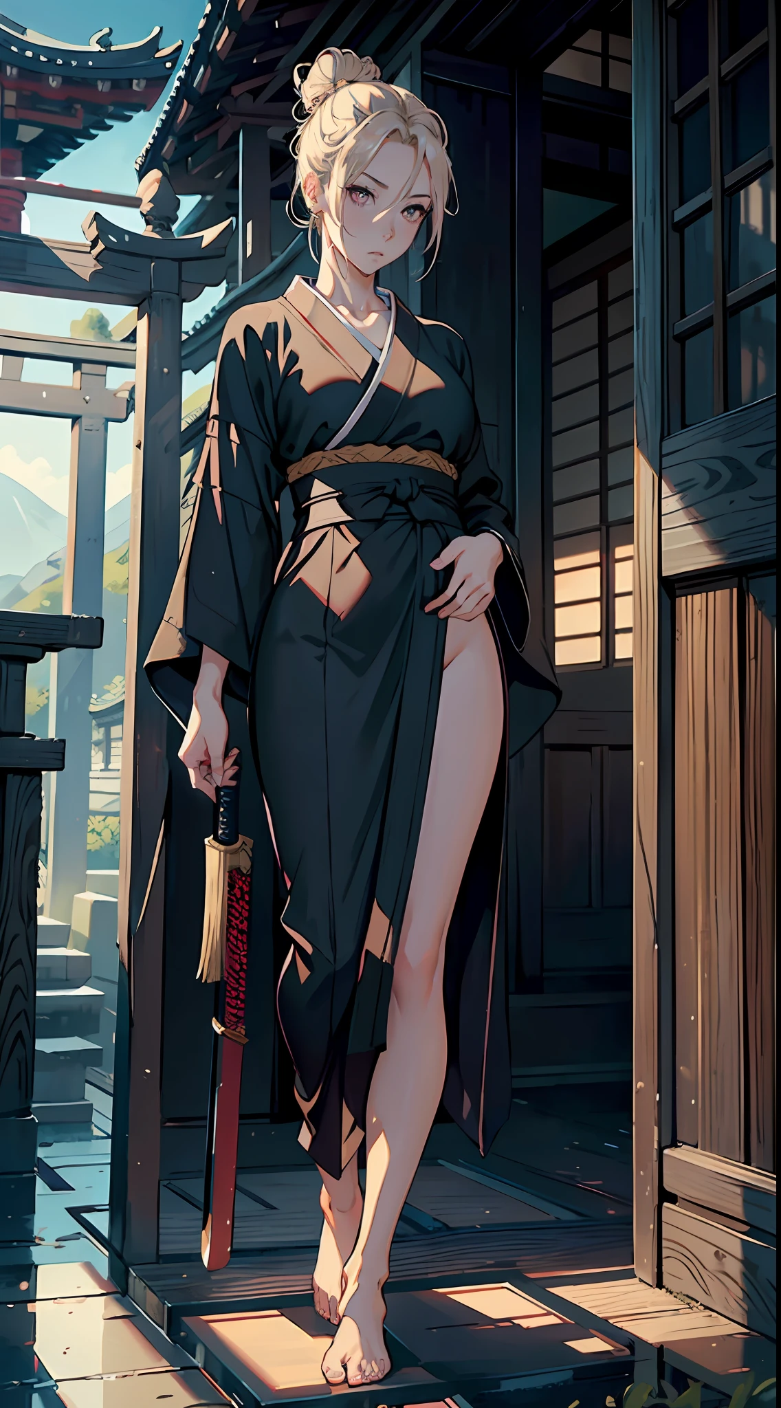 ((cinematic)) POV, 4K, high definition {masterpiece}, ultra detail, aesthetic, artistic, fit body shape, depression blonde bun haired japanese elegant woman wearing black kimono, hazel eyes, blank pale eyes, no expression, plain expression, full body, legs, barefoot, detailed body parts, fixed pose, fixed proportion, swordsman, knight, katana, samurai, fixed finger, detailed finger, detailed pupils, detailed hands, (temple background)