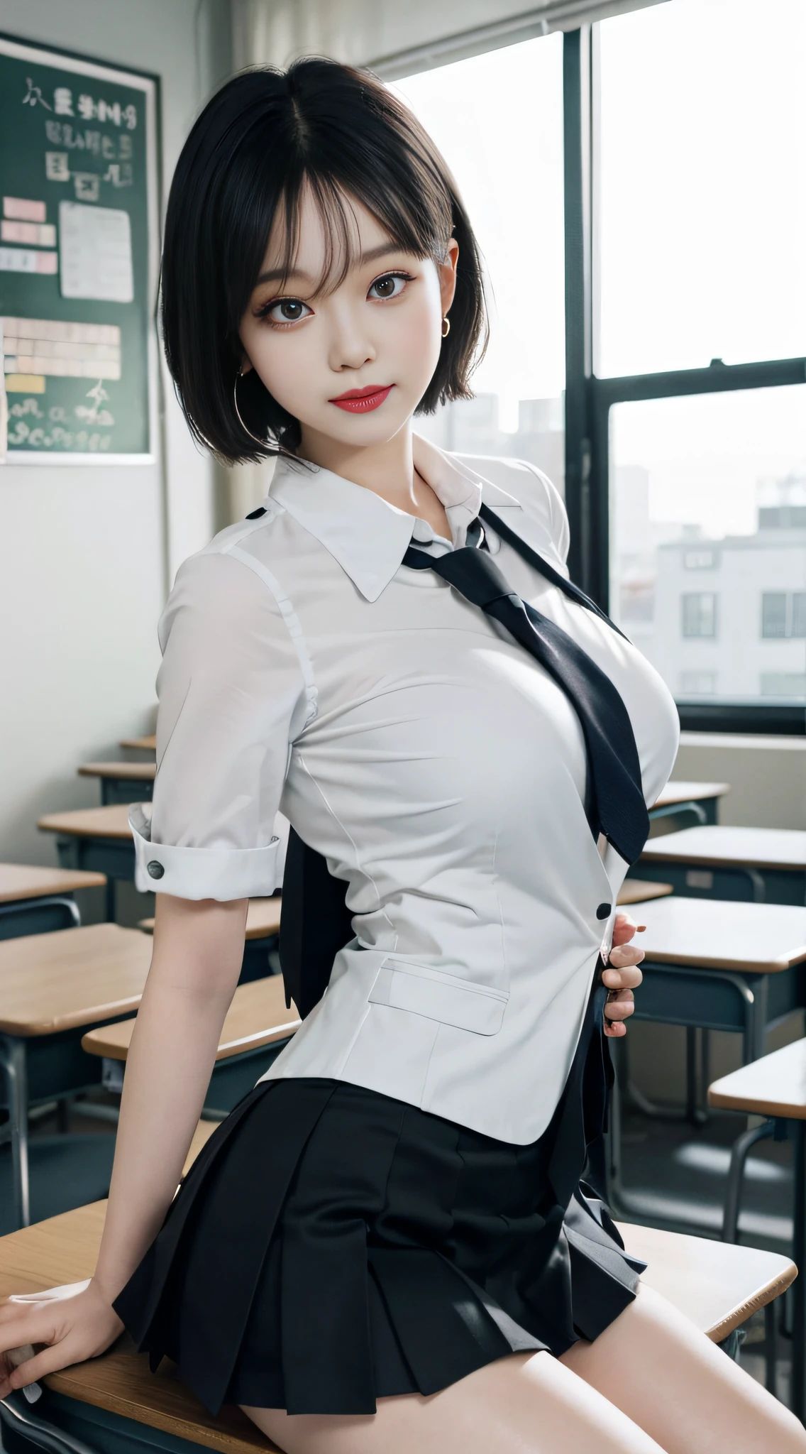 8K RAW photo, high resolution, 21 year old cool Korean, big round breasts, school uniform, tie, tie ribbon, blazer, skirt, beautiful eyes in detail, long eyelashes, beautiful double eyelids, eye shadow, slit eyes, sanpaku eyes, dark eye makeup, evil smile, beautiful thin legs, short hair gathered at the back, earrings, school classroom