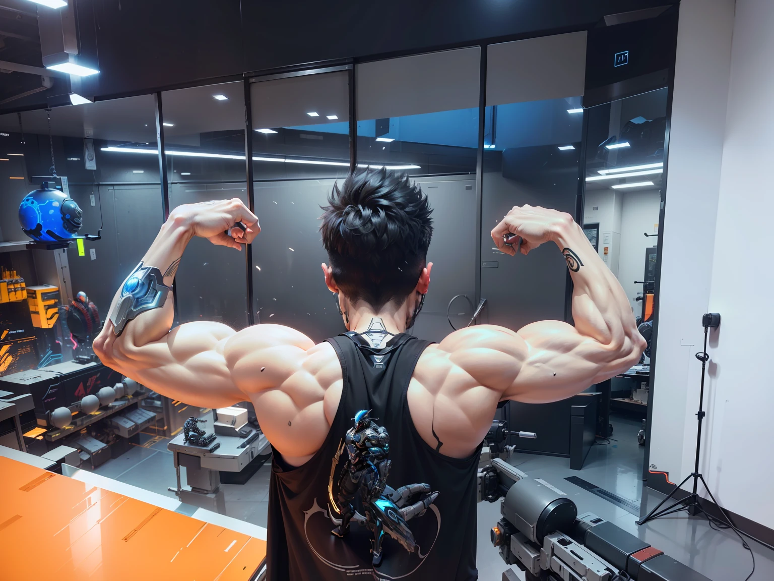 Strong male cyberpunk warrior， Biomechanicals， MSHN Robot Man，High-tech helmet，hyper realisitc， Steel， Complex design， insanely details， finely detailled， Extremely clear lines， cinmatic lighting， photograph realistic， A detailed masterpiece