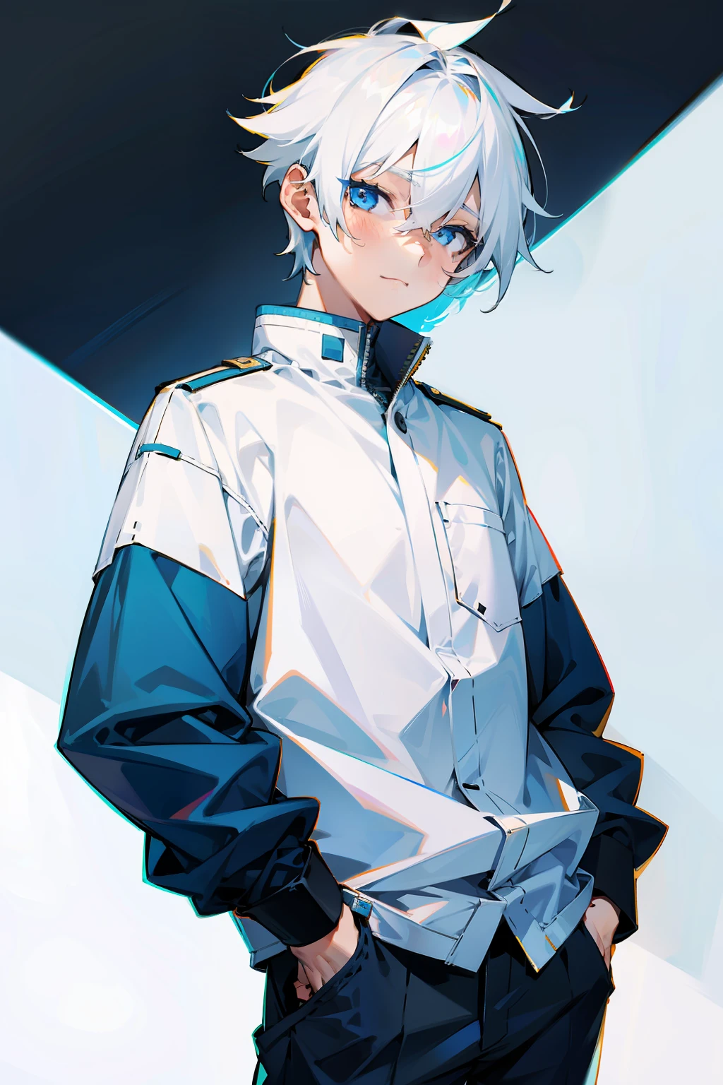1 boy, white hair, blue eyes, hand in pocket