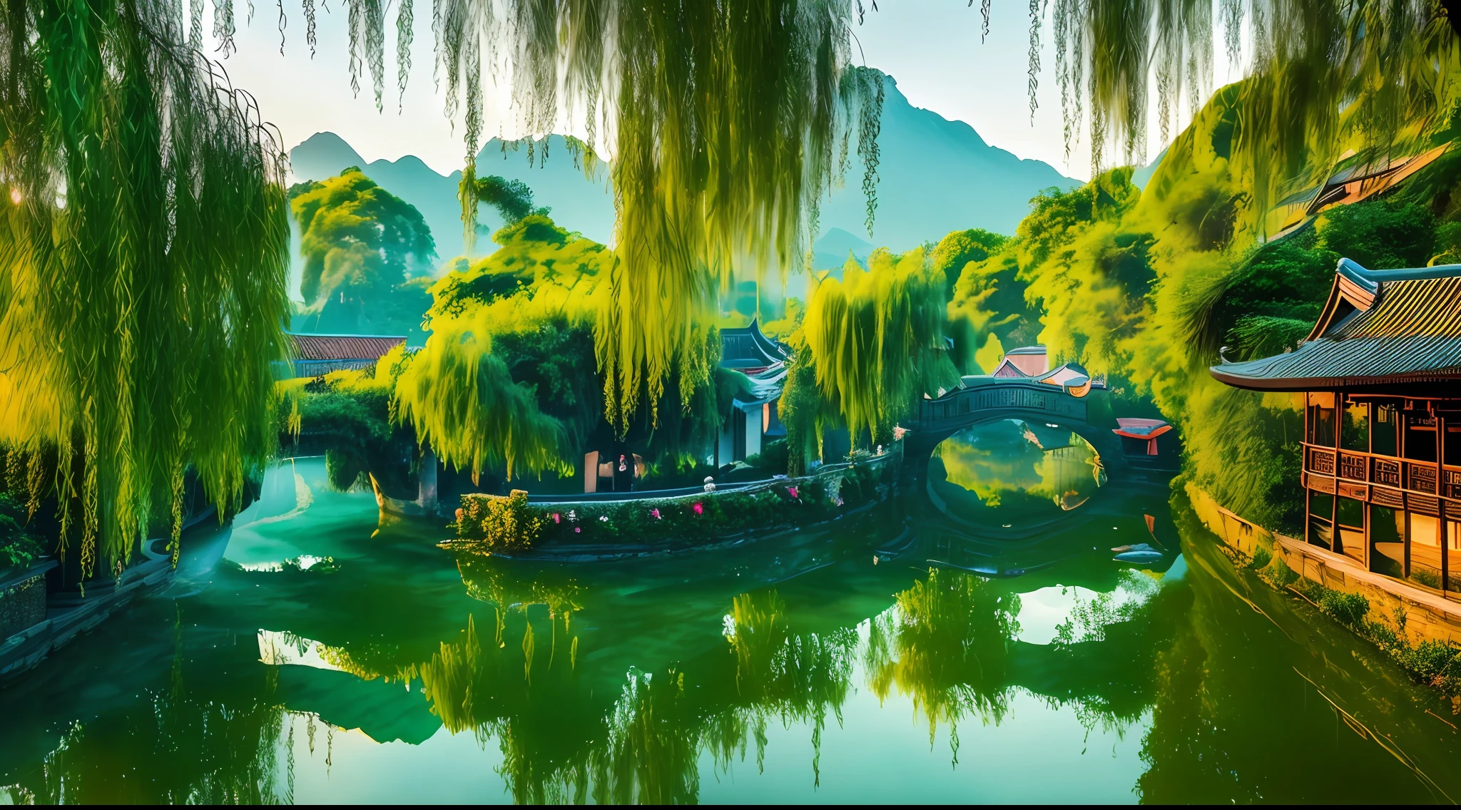 At dusk, green trees, willows flying, surrounded by blue water, small bridges and flowing water, antique color, floral fragrance, warm as jade, birds singing and flowers, water town paintings, leisurely, real photography, 16K resolution