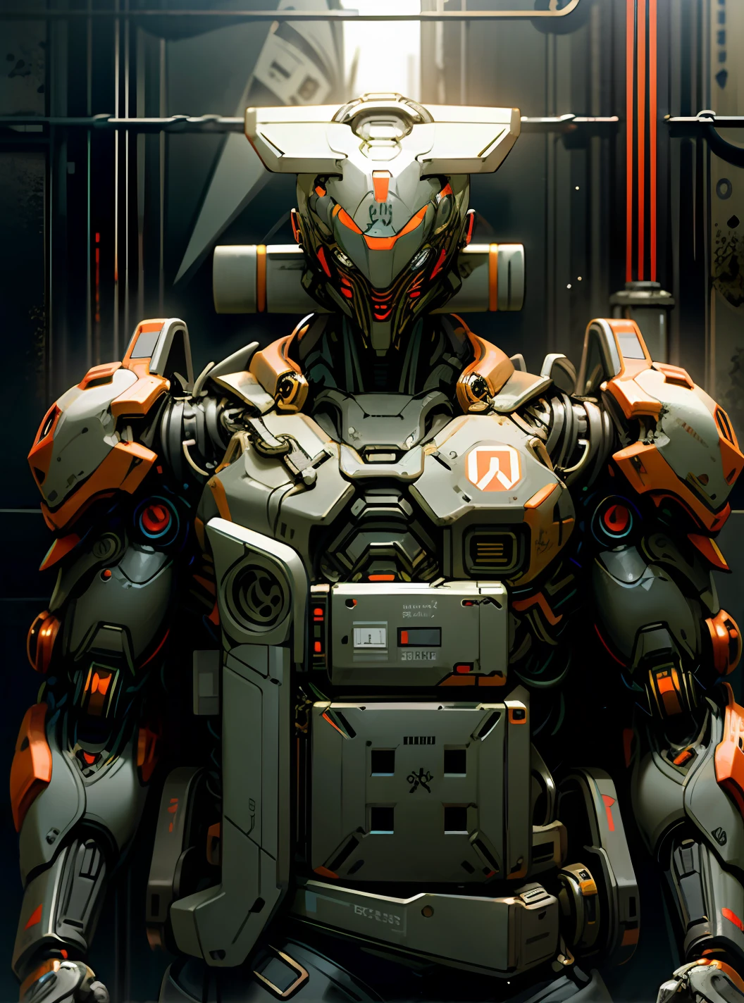 Dark_Fantasy,Cyberpunk,(chain saw,chain saw man,Red:1.1),1man,Mechanical marvel,Robotic presence,Cybernetic guardian, wearing a worn-out mech suit, intricate, (steel metal [rusty]), elegant, clear focus, shot by greg rutkowski, soft lighting, vibrant colors, masterpiece, ((street)), cowboy shot, dynamic pose,