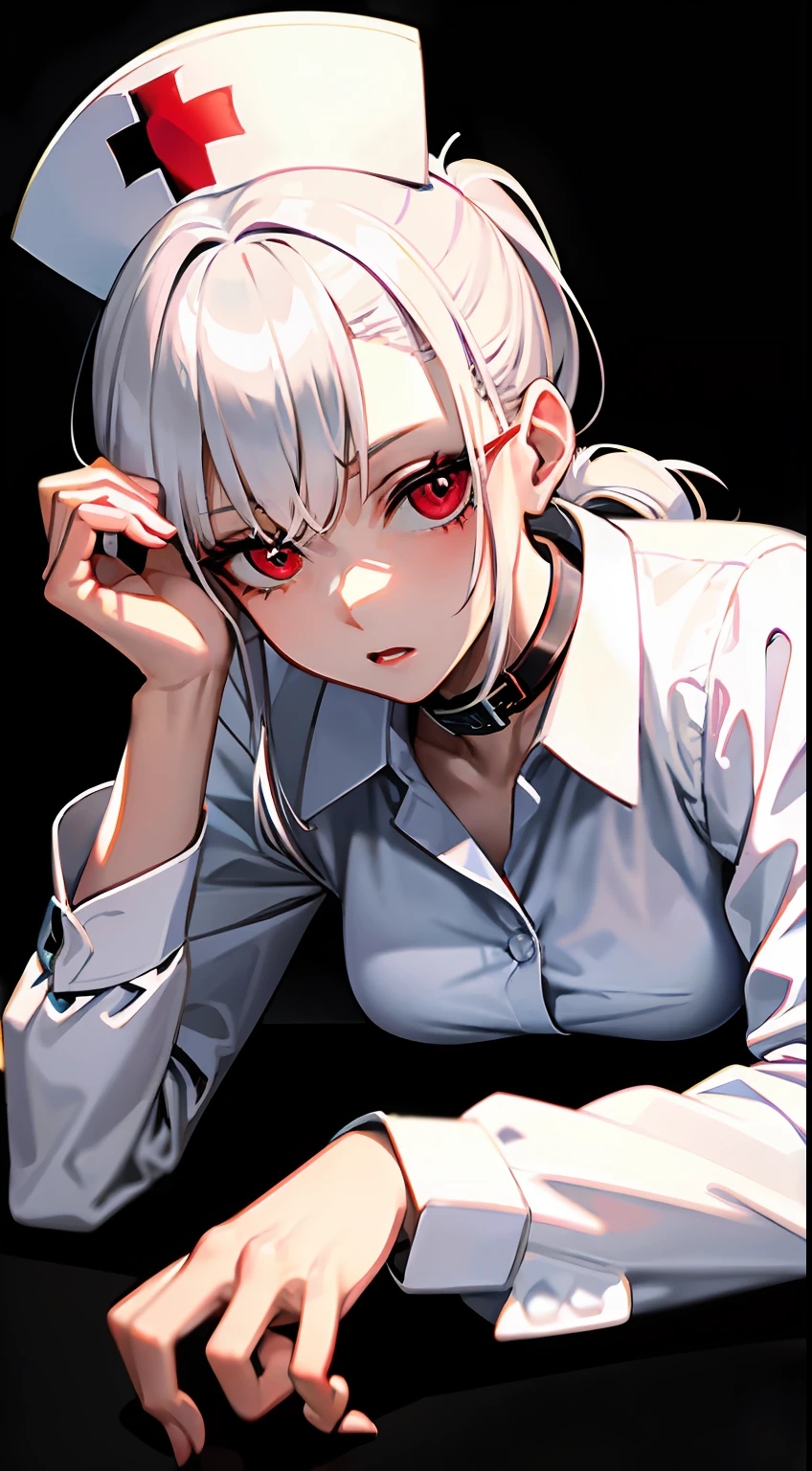 ((Masterpiece)),(Best quality),(Detailed),(1girll), white  shirt, looks down on a viewer,Black lace-up boots,Nurse hat,White hair,Red eyes,Collar,High ponytail,Blood,White suit,Crawl forward,Crazy emotions,lying down