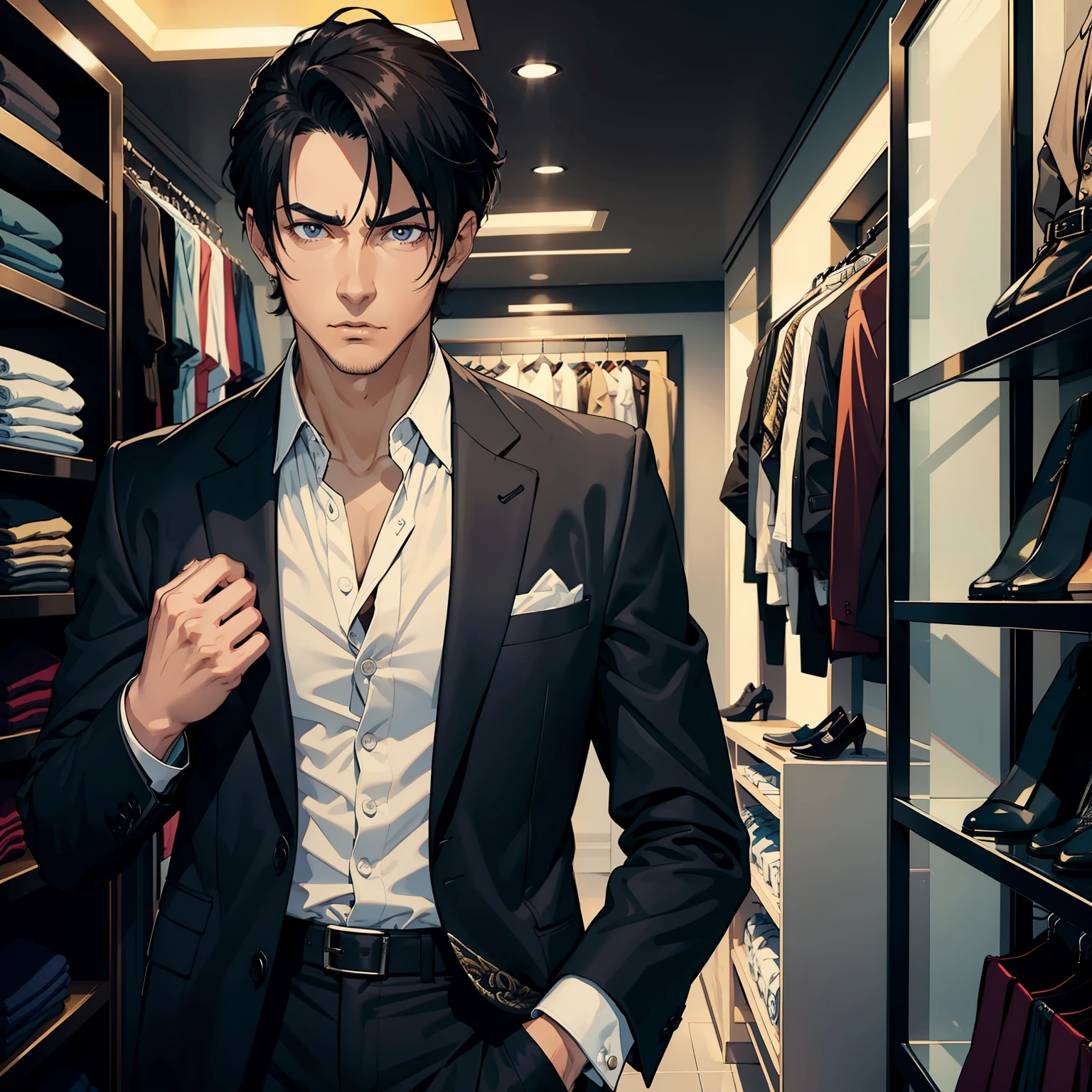1 handsome guy,The expression is grim,Arrogant,The eyes are sharp,Wear a casual suit,In a clothing store,Bust photo
