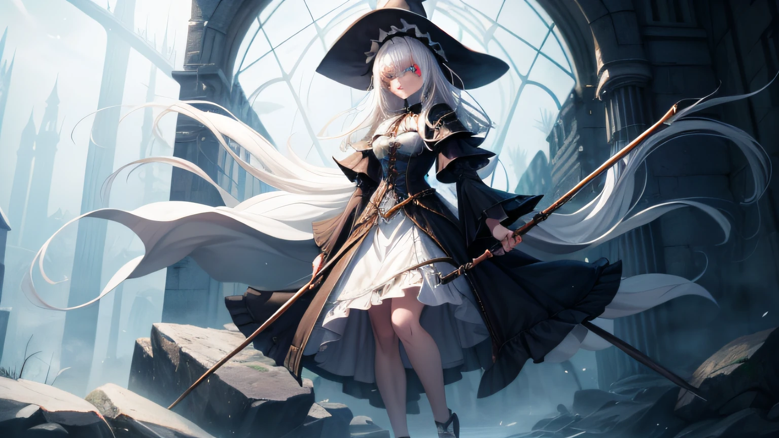 White hair,Full body standing painting,quadratic element,2D,irate,Heterochromic pupils,the witch,medieval times,delicated,enchanted