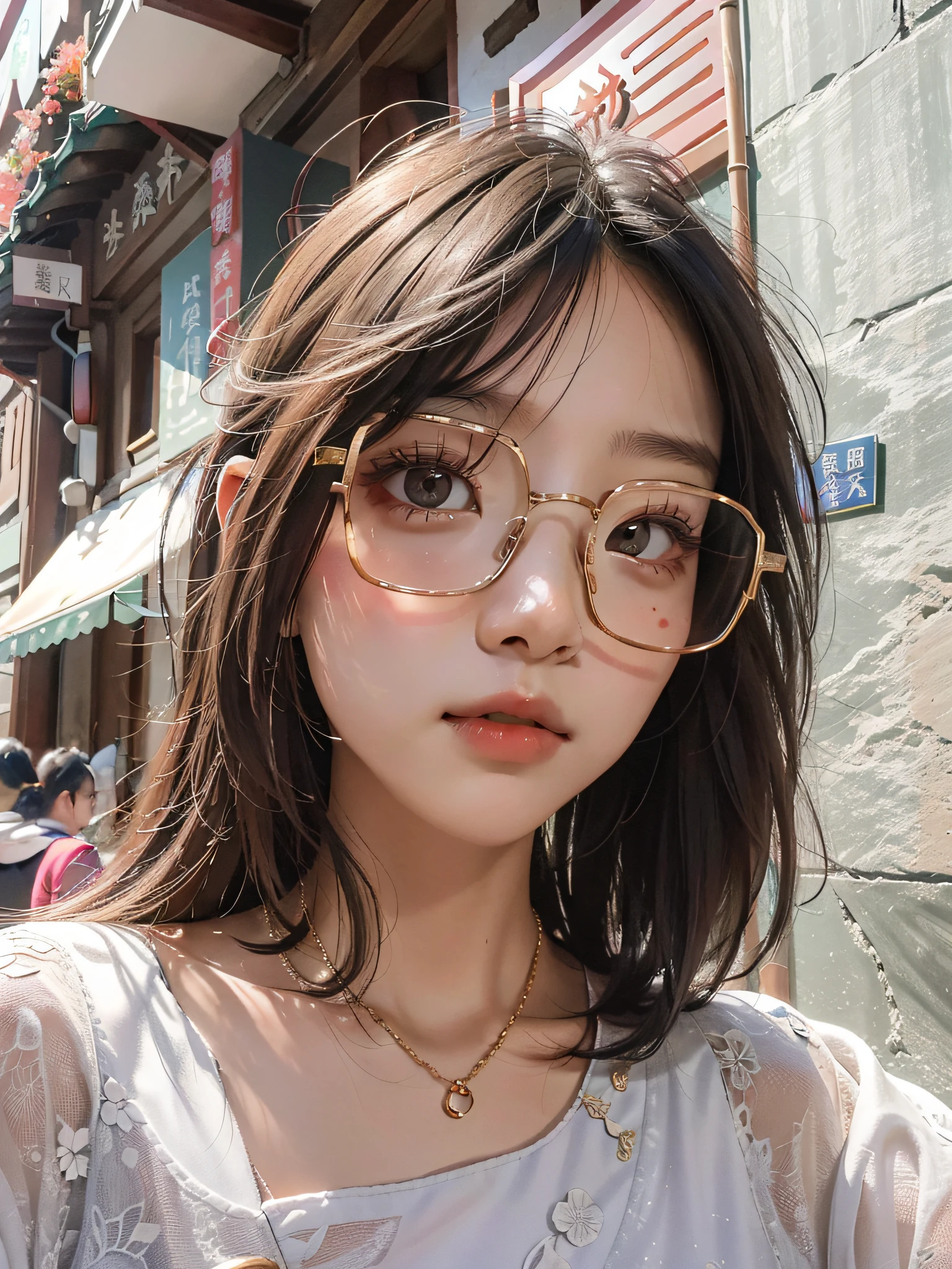 best qualtiy,tmasterpiece,超高分辨率,(真实感:1.4),RAW photogr,1girl,Hanfu,ancient buildings of China,eye glass