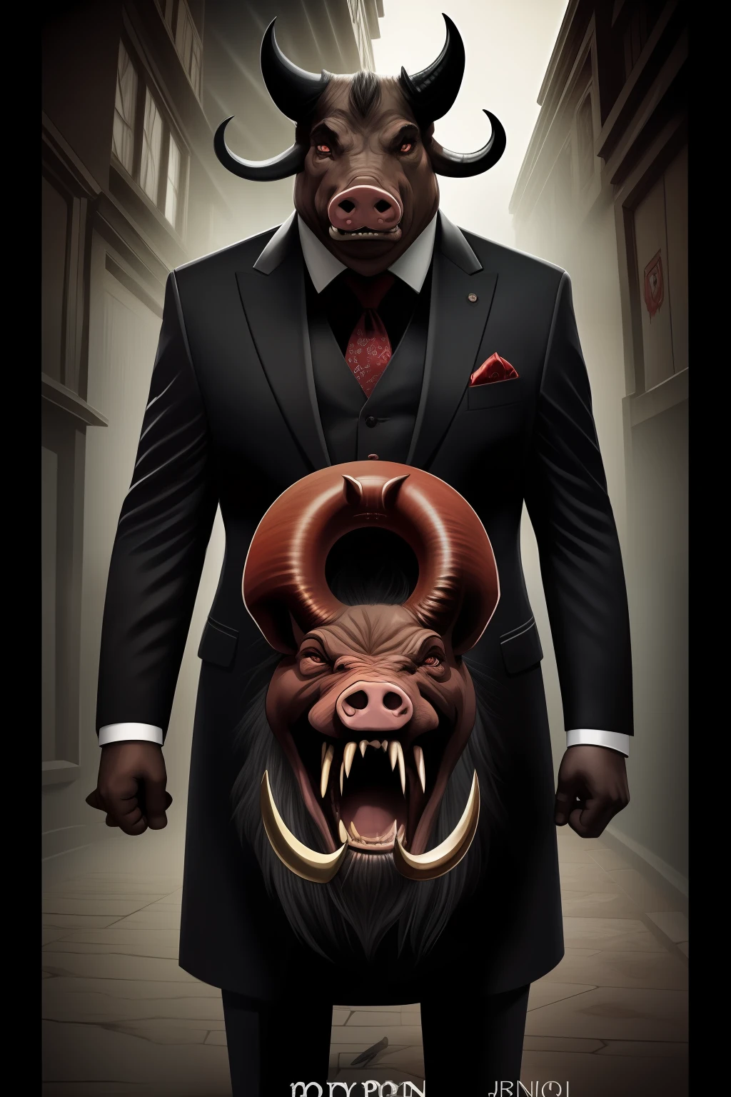 A demon in a suit and pig's head, javali, porco preto, nojento, horroroso, terror, medonho, saliva