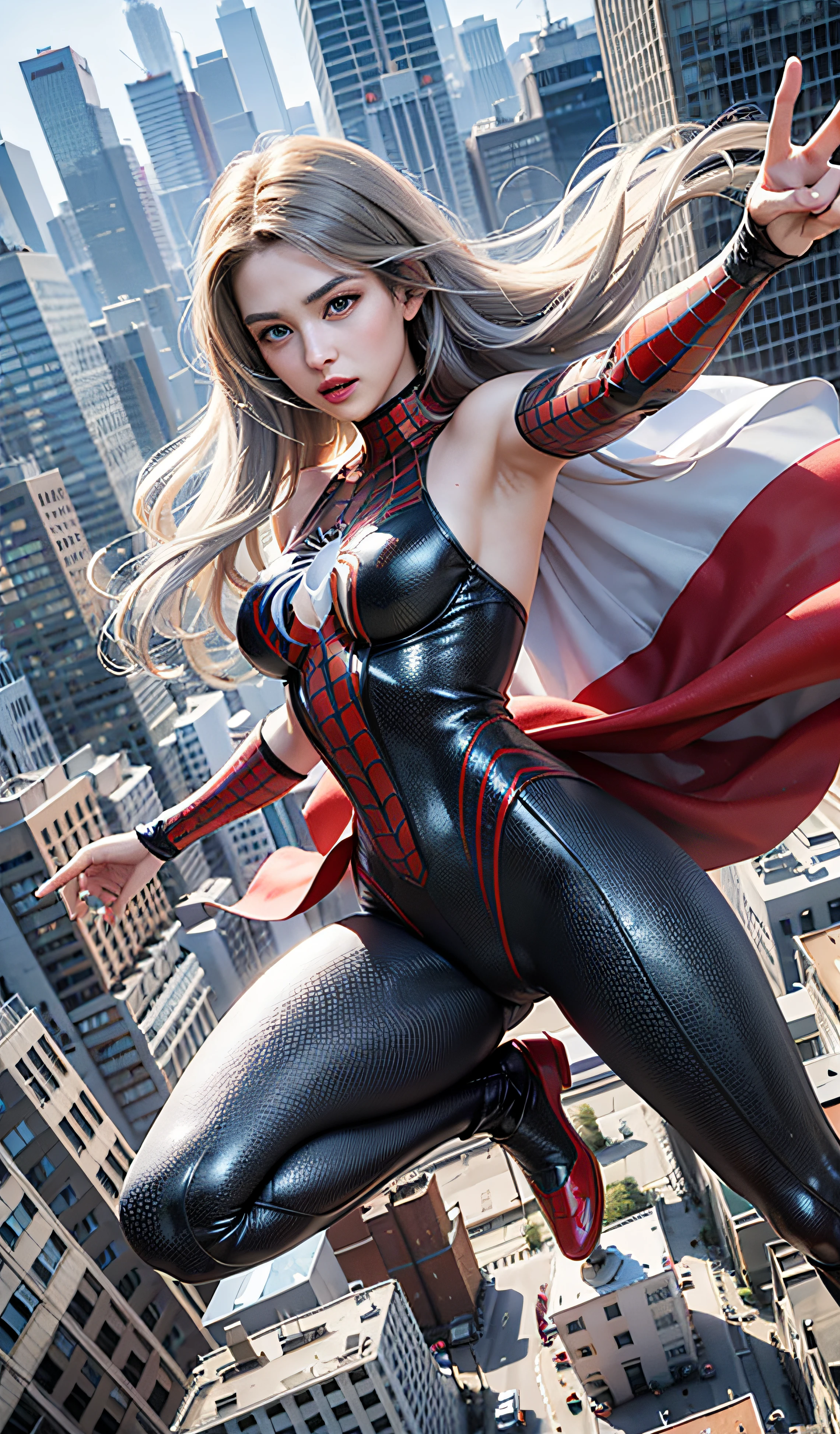 （tmasterpiece，4K分辨率，Ultra photo realsisim，The is very detailed），（White superhero theme，Glamorous，there's a girl on top of town，wearing Spider-Man costume，she is a superhero），[（（25 age old），（Long gray hair：1.2），full bodyesbian，（eBlue eyes：1.2），（（Spider-Man pose），Show power，jump from one building to another），（（sandy urban environment）：0.8）|（view over city，the night，dynamic lights），（moon full））] # illustrated：The Prompt mainly describes a 4K painting of ultra-high definition，Very realistic，The is very detailed。It showcases superheroines at the top of the city，wearing Spider-Man costume。The subject in the painting is a white superhero theme，The heroine has long white hair，He is 25 years old，The entire figure is shown in the painting。In terms of depicting the actions of superheroines，Spiders were used，Large breasts