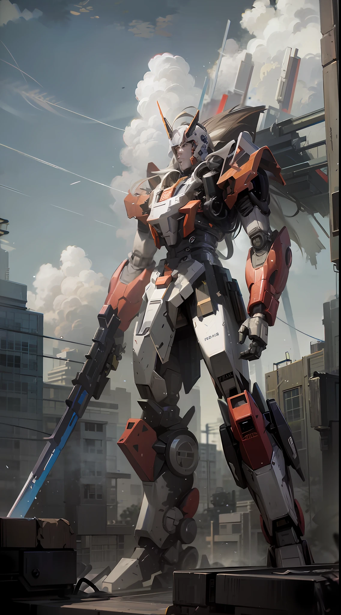 arafed robot standing on a ledge in a city,modern mecha anime,anime large mecha robot,cool mecha style,mecha anime,giant anime mecha,mecha art,anime mecha aesthetic,mecha asthetic,Alexander Ferra Mecha,alexandre ferra white mecha,japanese mecha,Mecha Inspiration