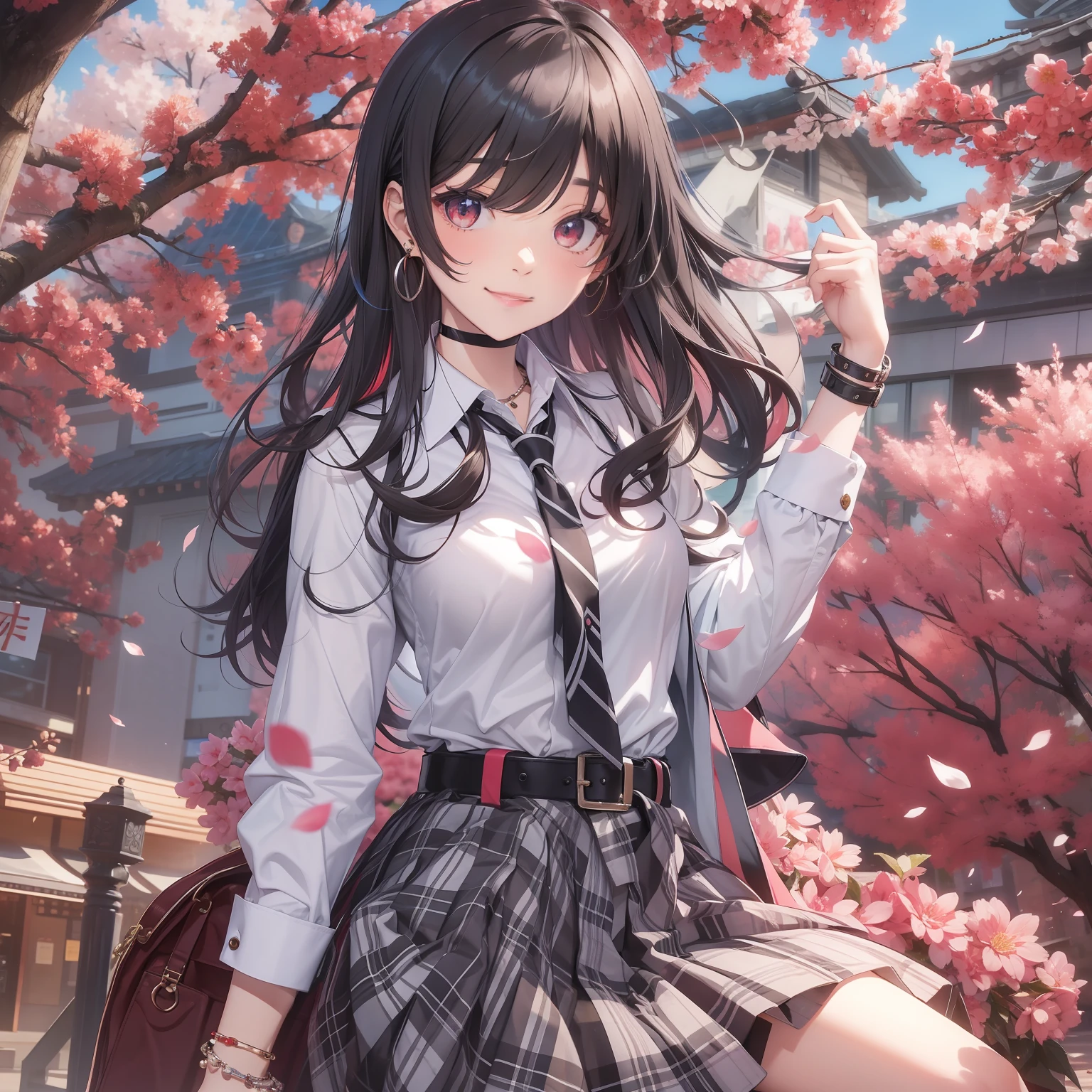 ​masterpiece, top-quality, full body Esbian, 1girl in, bangss, Black Choker, Black tie, A dark-haired, a blue skirt, red blush, A bracelet, breastsout, a choker, Clothing around the waist, 鎖骨, shirt with collar, cowboy  shot, dress shirts, ear piercings, eyebrows visible through hair, gradation hair, Grinning, gals, jewely, Kogal, length hair, looking at the viewers, Loose tie, neck tie, piercings, Plaid, plaid skirts, pleatedskirt, red eyes, the ring, 校服, The shirt, skirt by the, A smile, 独奏, white  shirt, a street, Skysky, cherry trees, flower petals,diagrams, (magazine:1.3), (cover-style:1.3), Fashionable, femele, with a vibrant, outfits, the pose, the front, Colorful, Dynamic, Background with, element, self-assured, expresive, ngel, statement, accessorized, An majestic, coil, surroundings, Touch, The scene, Texto, covers, It's bold, captures the attention, Titles, Stylish, Font, It's catchy, headline, The large, Impressive, moderno, Trendy, Focus, lo fashion,Functional