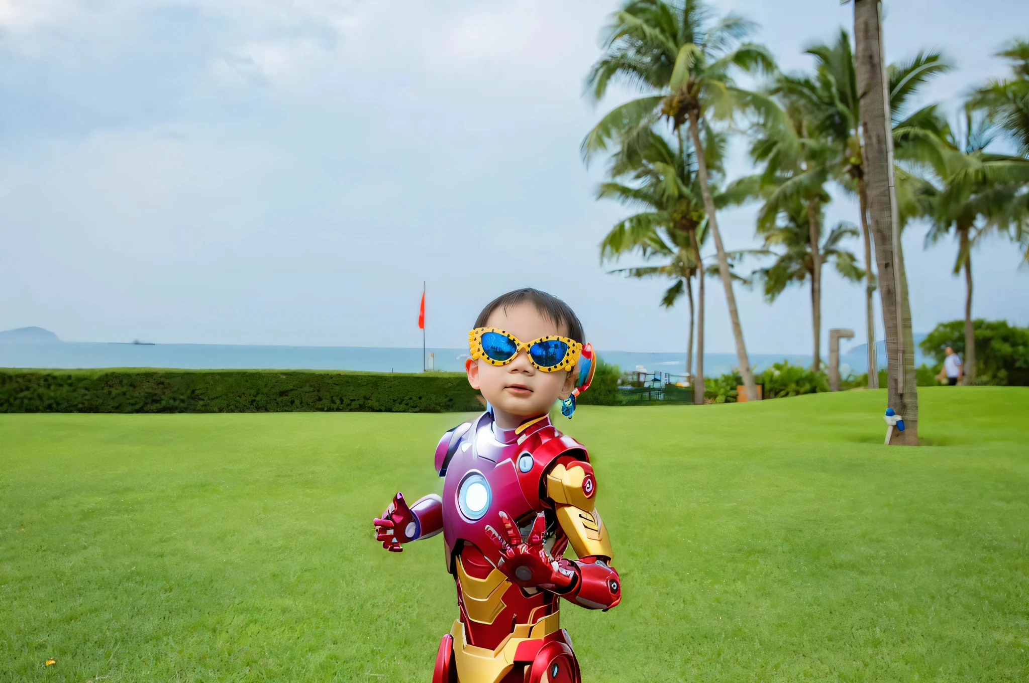 Alafi dresses as Iron Man in the park, like ironman, ironman, totoro as iron man, Iron Man, Minions Iron Man, wearing red and yellow hero suit, posing like a superhero, John McAfee as Ironman, Tony Stark, wearing hero costume, kiddy big breasts, superhero pose, goggles around his neck, superior iron man, Marvel Super Heroes