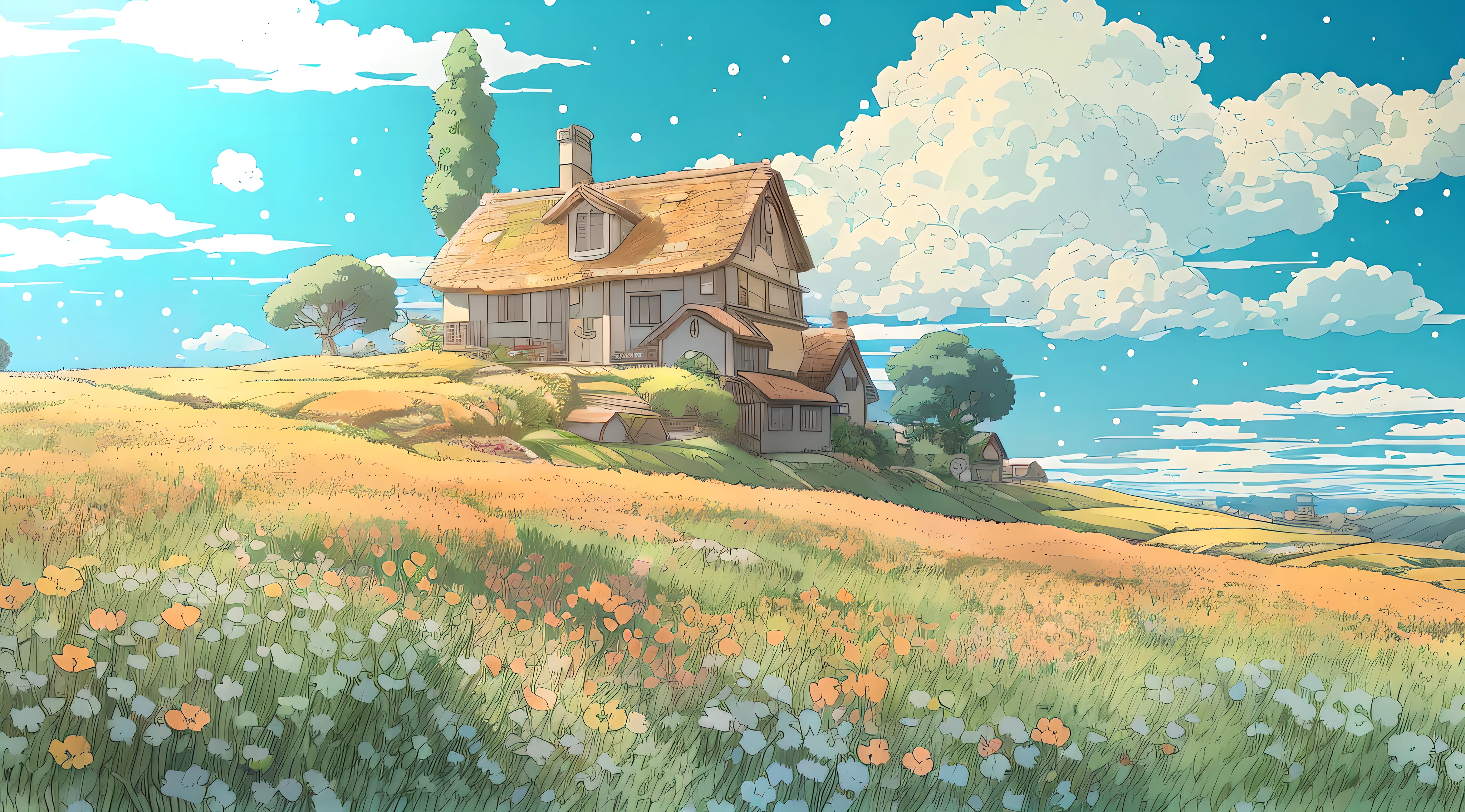 Draw a house with a flower field on the hill, anime countryside landscape, idyllic cottage, house on a hill ,studio ghibli artstyle, A beautiful artwork illustration, House background Miyazaki anime style, studio ghibli artstyle, hq very detailed, very very highly detailed, View of Ghibli Studio