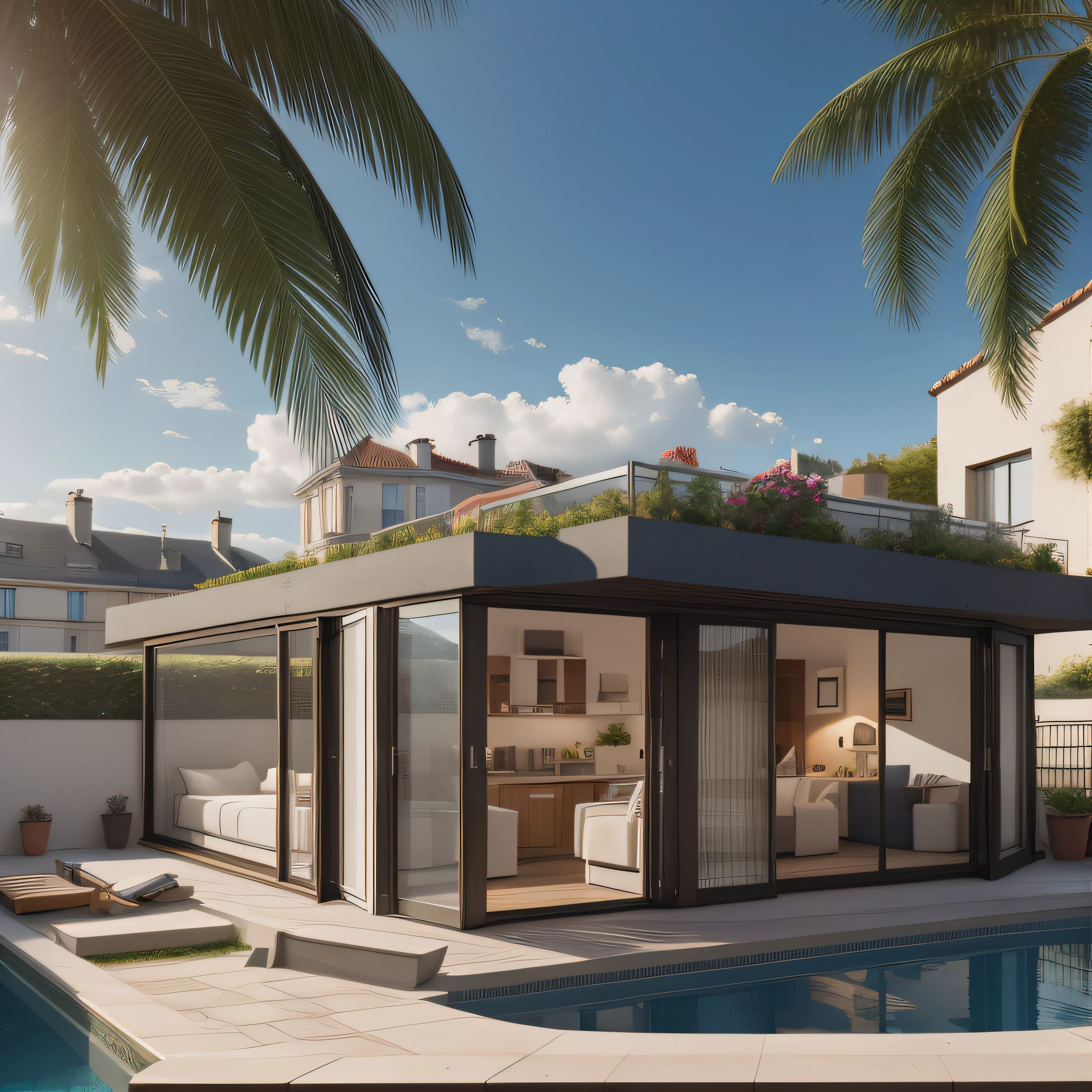 Remove the barrier for an impressive panoramic view of the city, with a neat finish of the bay window and a subtle variation of brightness. plus de plantes sur le toit, Wide range in the background, pas de maison! Electric bike at the front, piscine plus grande,