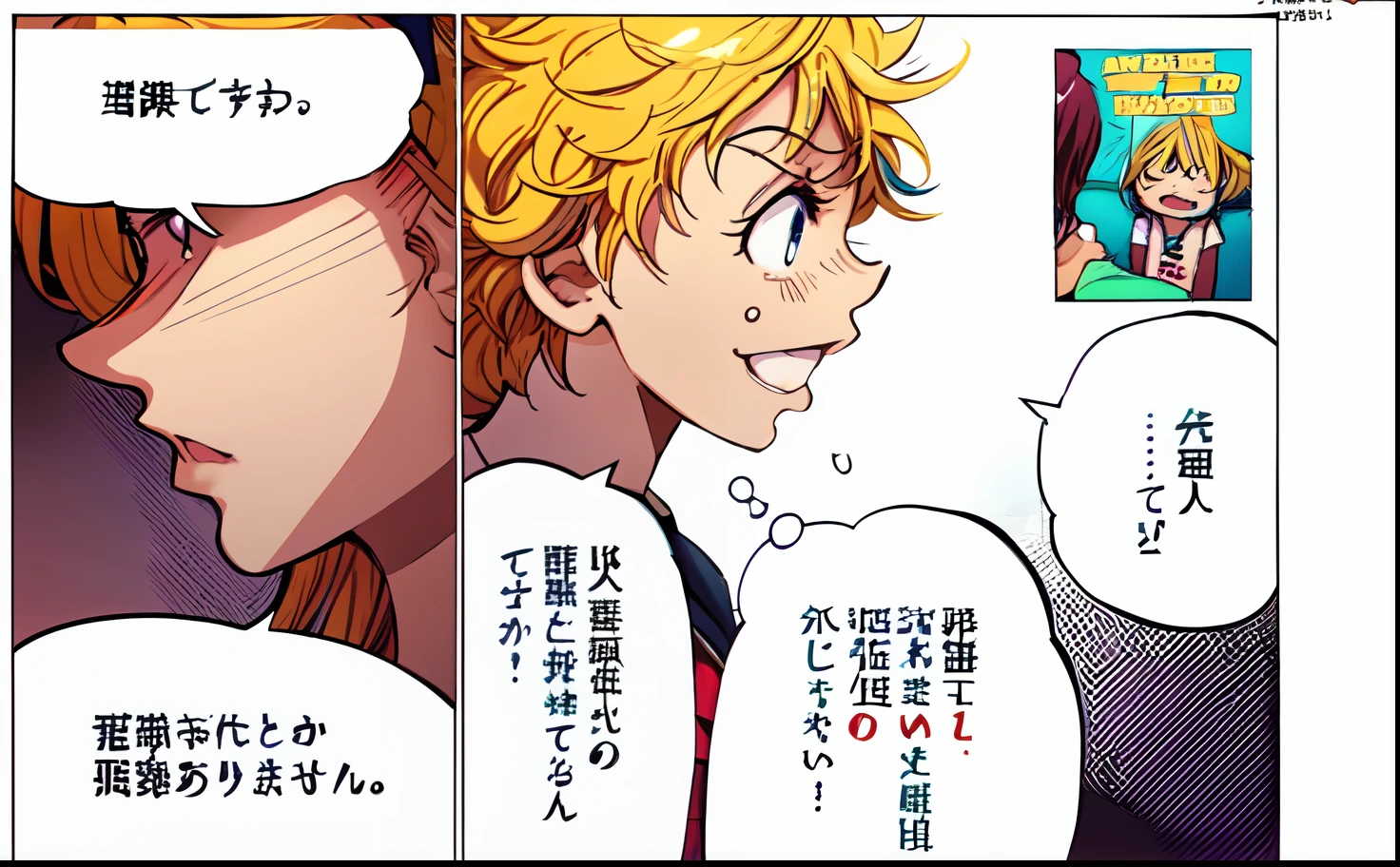 a anime of a girls manga, text manga, color manga, manga color, color manga, color manga panel, simple background