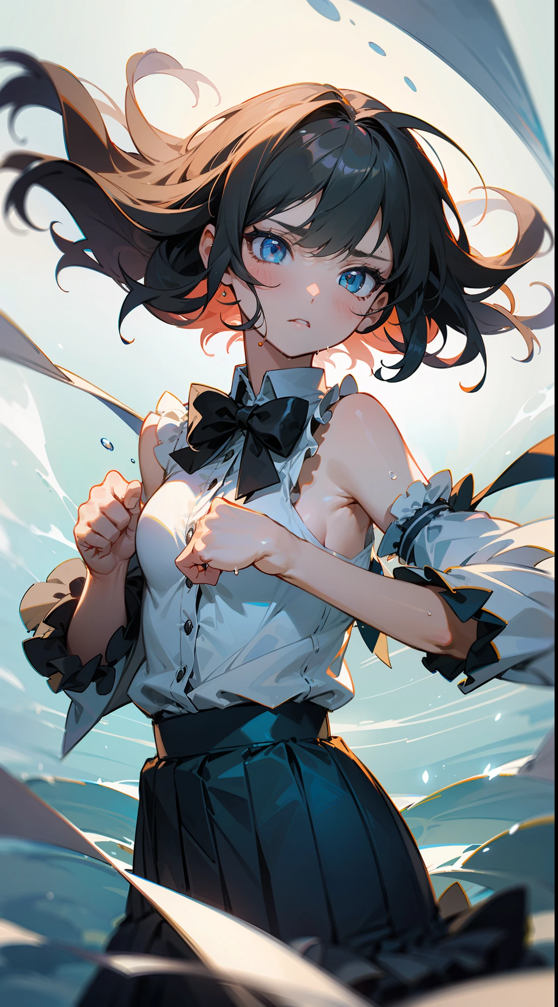 ((masterpiece)), (((best quality))), ((ultra-detailed)), ((illustration)), ((disheveled hair)), ((frills)), (1 girl), (solo), dynamic angle, big top sleeves, floating, beautiful detailed sky, on beautiful detailed water, beautiful detailed eyes, overexposure, (fist), expressionless, side blunt bangs, hairs between eyes, ribbons, bowties, buttons, bare shoulders, (((small breast))), detailed wet clothes, blank stare, pleated skirt, flowers