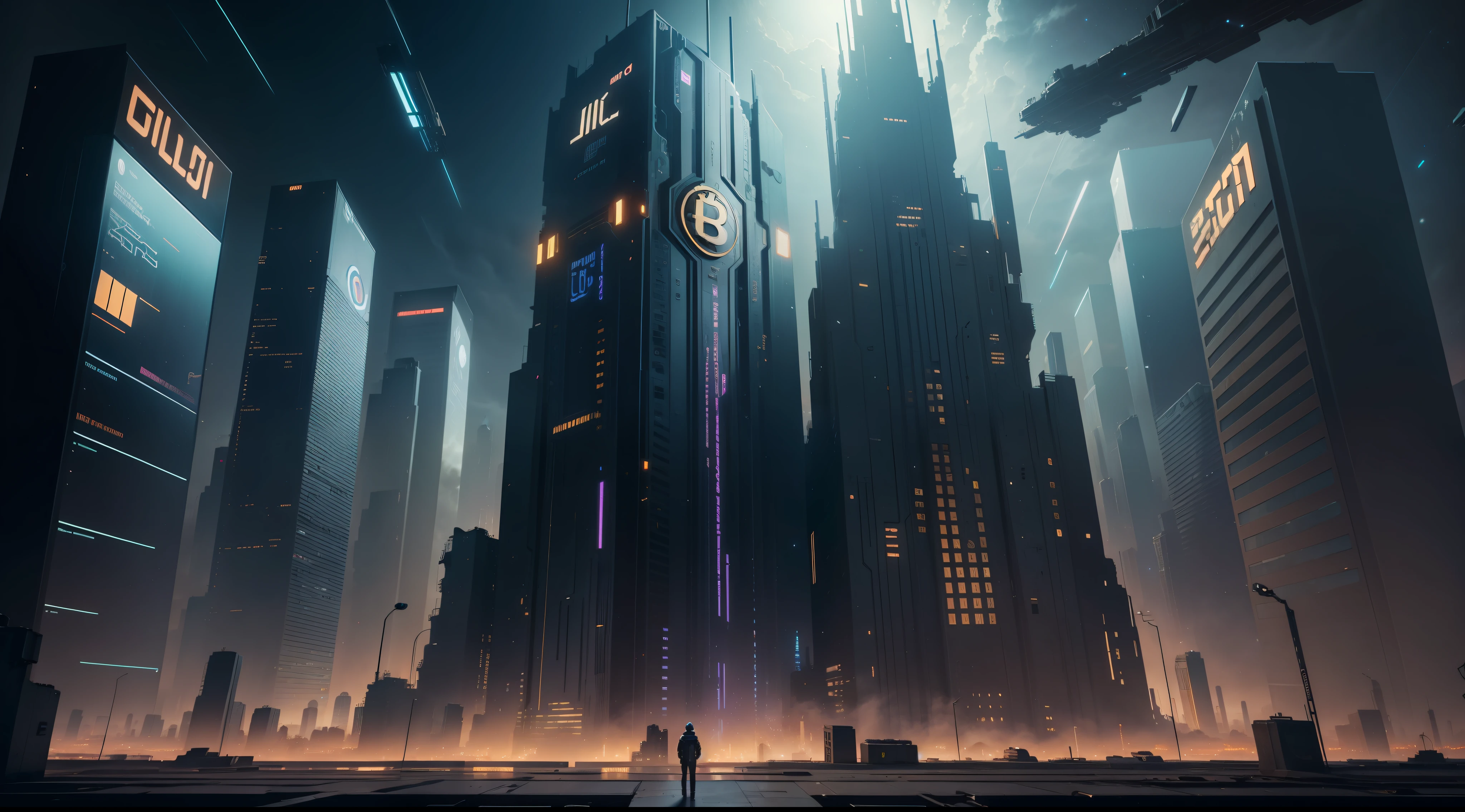 Bitcoin city, galaxy, movie scenes, decaying city night scenes, surrealism, metaverse futuristic technology, cyberpunk, bitcoin logo all over building