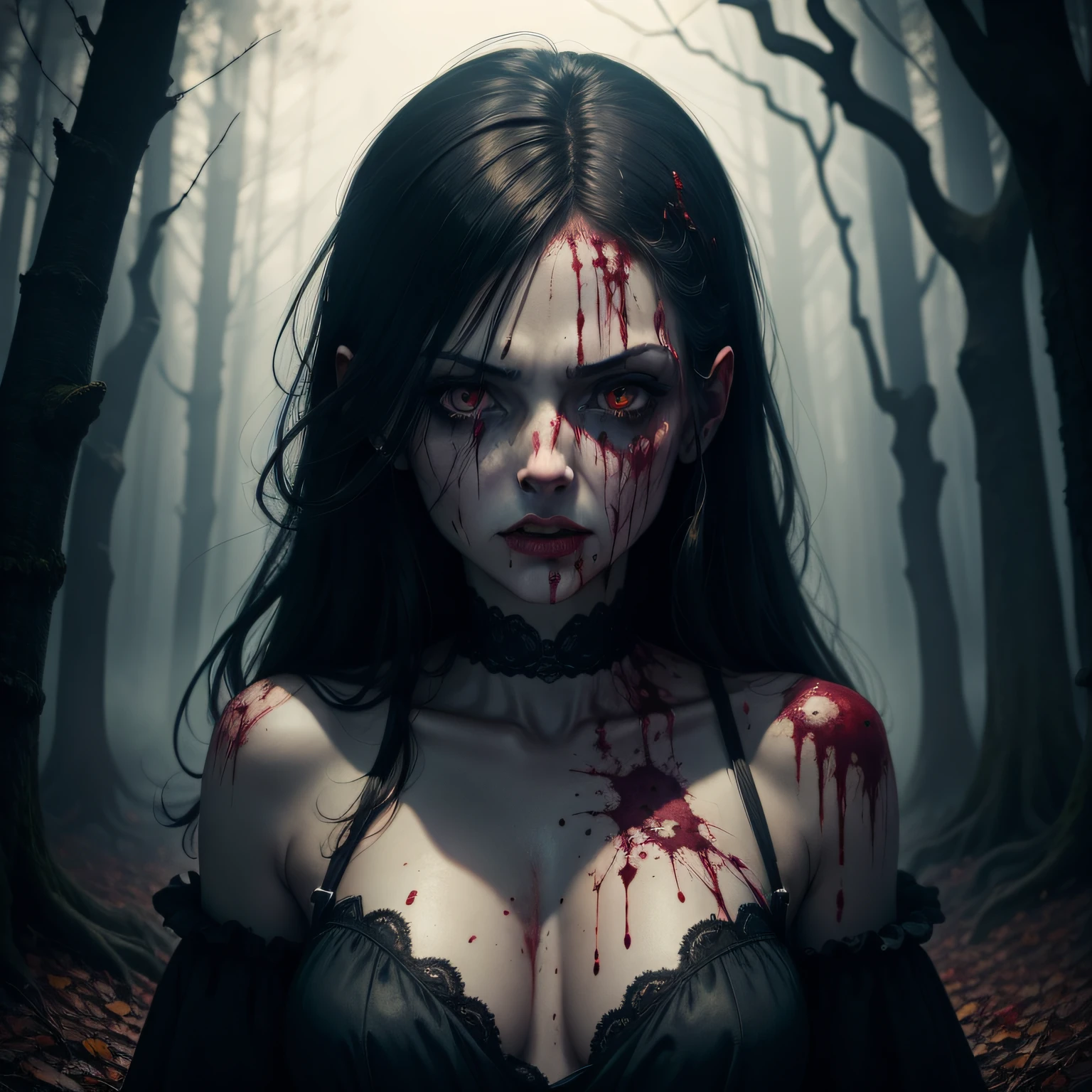 "zombie woman, blood, dark forest in the background, night, monsters."