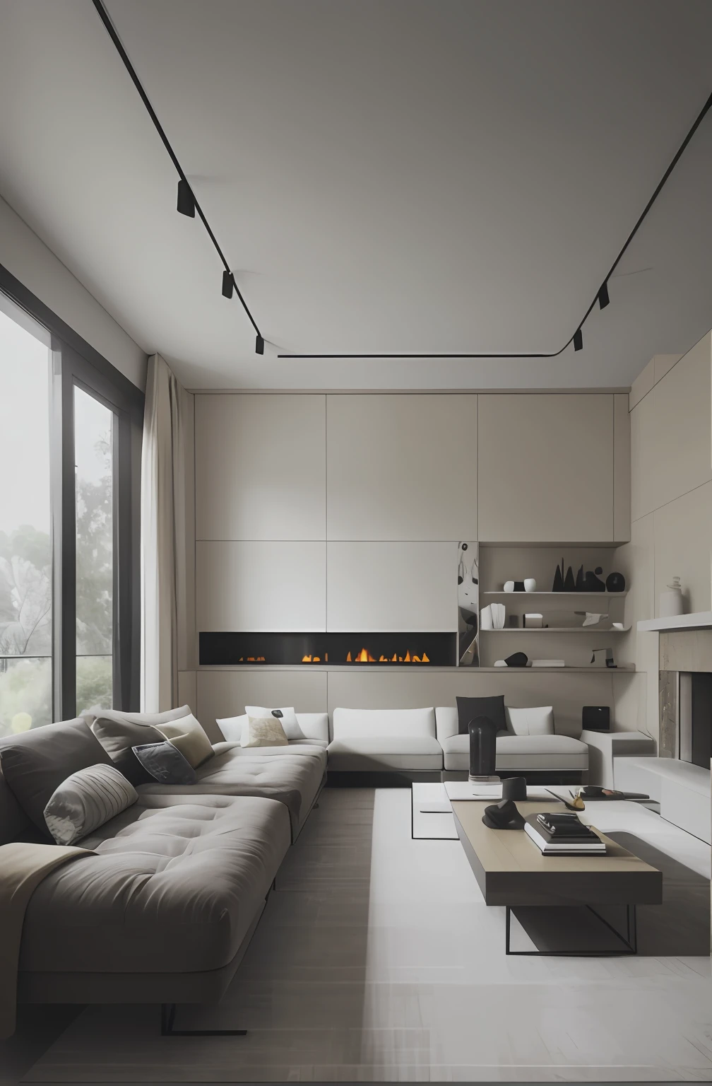 Arafed living room with a large sectional sofa and fireplace, Ambiance beige et sombre, Salon contemporain confortable, Salon moderne, Moderne et minimaliste, Warm interior, Terre moderne Terre neutre Terreuse, Windows from ceiling to floor, Dark and beige atmosphere, Design minimaliste moderne, inspired by Emilio Grau Sala, Archviz, inspired by Willem Claeszoon Heda