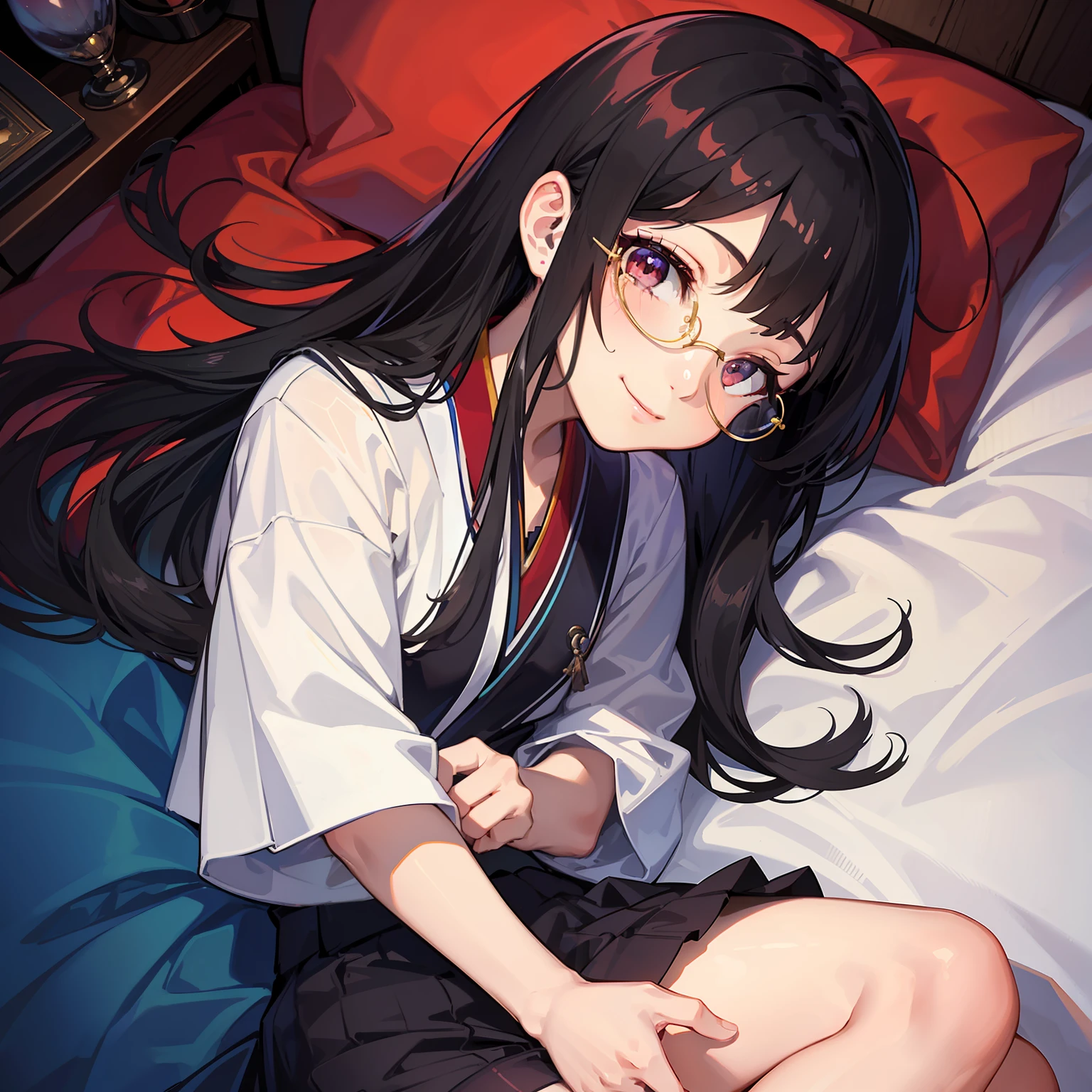Show off your crotch,Place your hands on your crotch,Remove fluid leaking from your crotch,Reveal cute lingerie,with long bangs,Sister,dimly lit warehouse,smiling girl, old,校服,,Brunette princess hairstyle,Pazun,Black hair,contemplative,eye glass,chubbiness,,Red cheeks, I love my brother,Lie down in bed,ecstasy,Love Hotel, Lie on the bed next to you,From the angle above